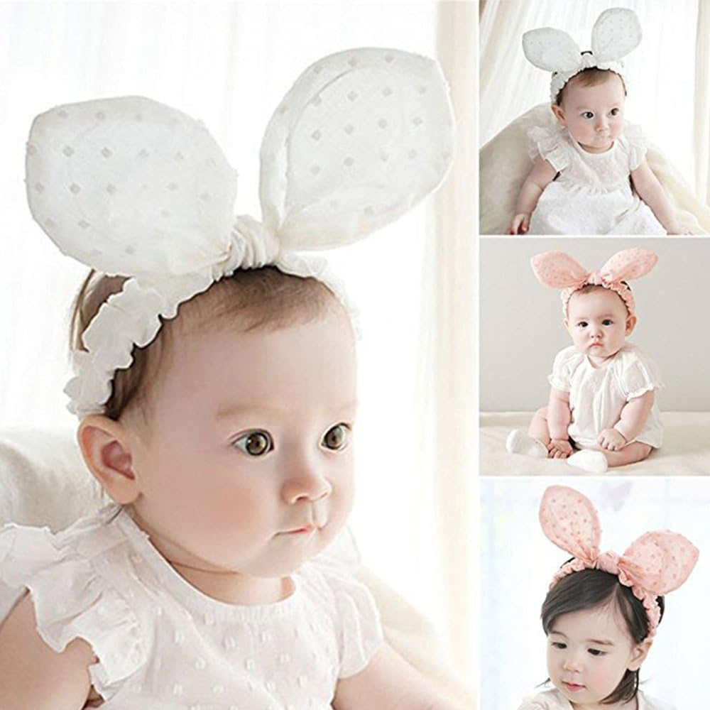 RQJ Baby Girls Headband Rabbit Bow Cute Bunny Ear Elastic Minnie Mouse Headwrap Infant Headwear Turabn Hair Band Halo (White) image number 2