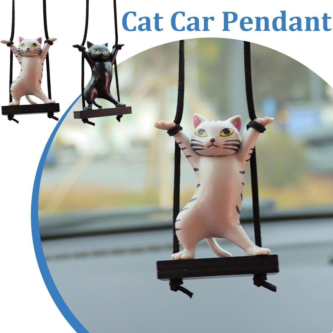 Swing Cat Car Interior Decoration, Pack of 2 Car Accessories for Hanging, Car Mirror Hanging, Bobble Head Figure, Car Decoration, for Car Mirrors, for Men and Women, Black, Grey image number 4
