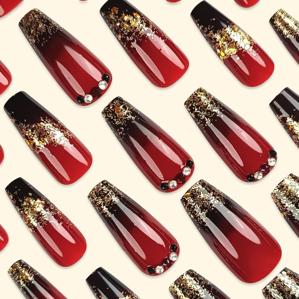 ＴＩＺＹＦＦ Press on Nails, Gold Glitter Black and Red Gradient Fake Nails, Artificial Nails for Women and Girls -24 Pcs image number 1