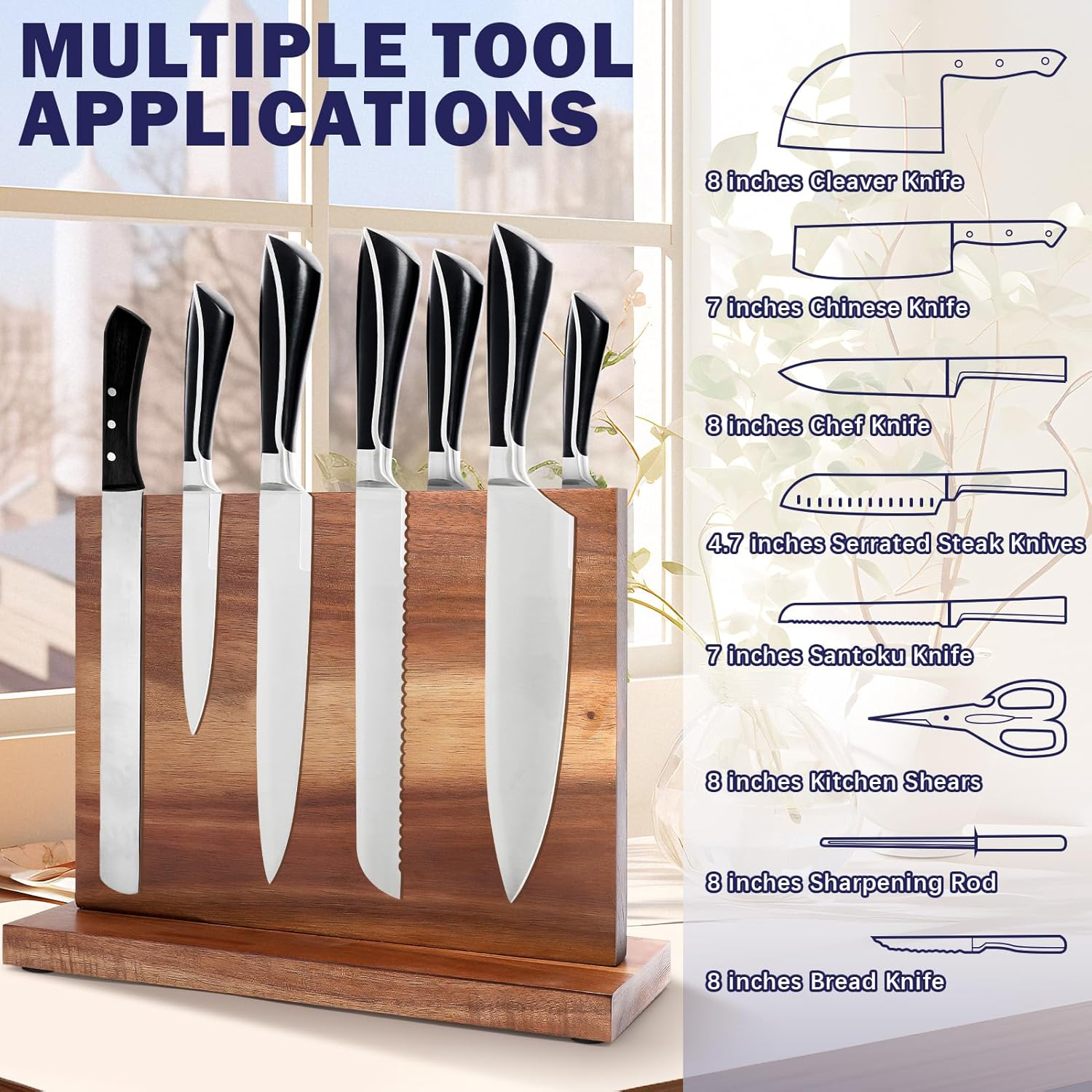 Magnetic Knife Holder, Wooden Knife Magnetic Strip, Magnetic Knife Block, with Strong Magnets, Kitchen Knives Organizer Tools No Drilling image number 2