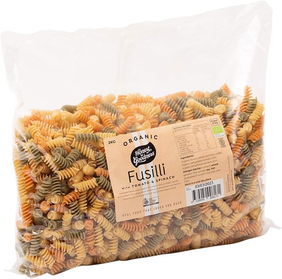 Honest to Goodness, Organic Fusilli Pasta, Tomato and Spinach, 2 Kg - Authentic Italian Pasta Made the Traditional Way, Crafted with Care, Offering a Unique Flavour.