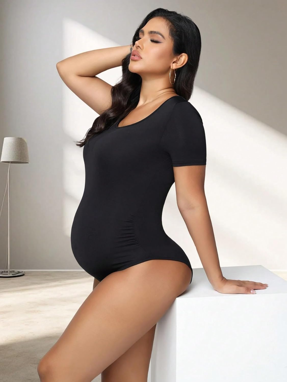 Justvh Maternity Bodysuit for Photoshoot Long Sleeve Sheer Mesh Pregnancy Bodysuit Maternity Photography Outfits image number 2