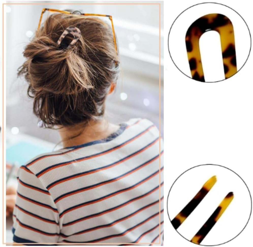 4Pcs French U-Shaped Hair Pin, Hair Sticks Forks Cellulose Acetate Tortoise Shell,Twist Hair Pins Clip for Long Hair for Women Vintage Hairstyle Accessories Chignon Pin image number 3