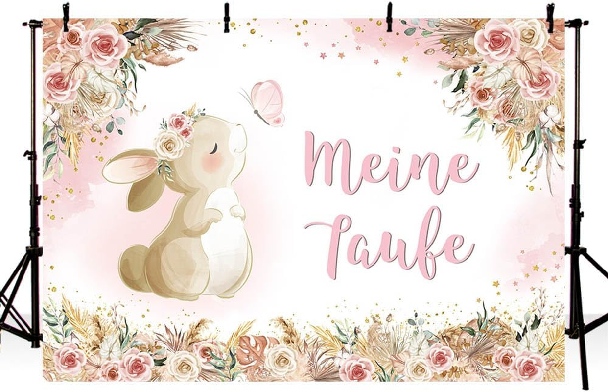 MEHOFOND 2.1 X 1.5 M My Christening Background Pink Rabbit Butterfly Eucalyptus Leaves Flowers Background Boy Girl Newborn Baby Shower First Communion Christening Party Banner Photo Props image number 2