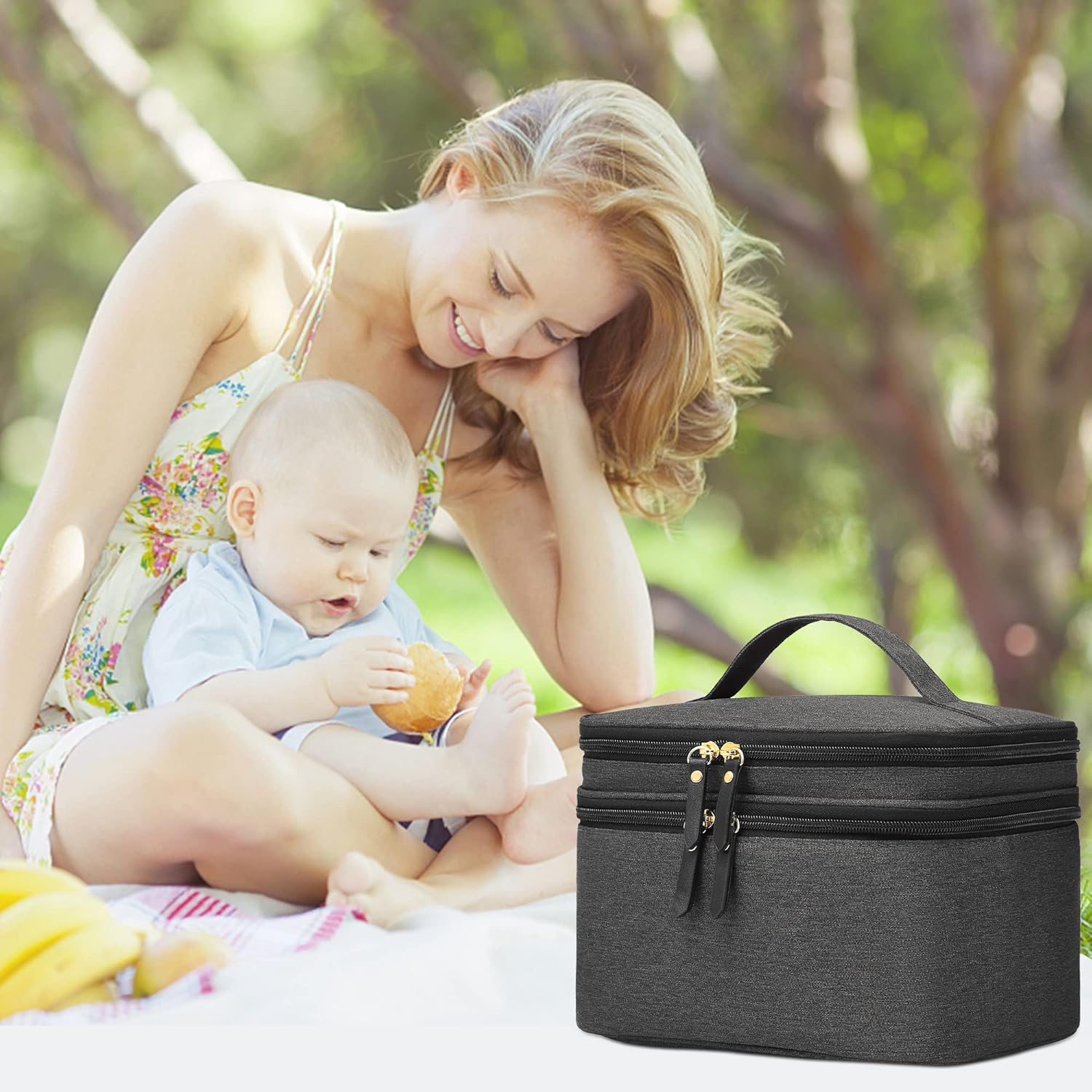 QIUXQIU Breast Pump Bag for Hands-Free Wearable Breast Pumps、Bottles,Pump Parts, and Storage Bag，Tote Bag，Multi-Function Breastmilk Cooler Bag Insulated Bag(Black) - Black+Ice Pack image number 6