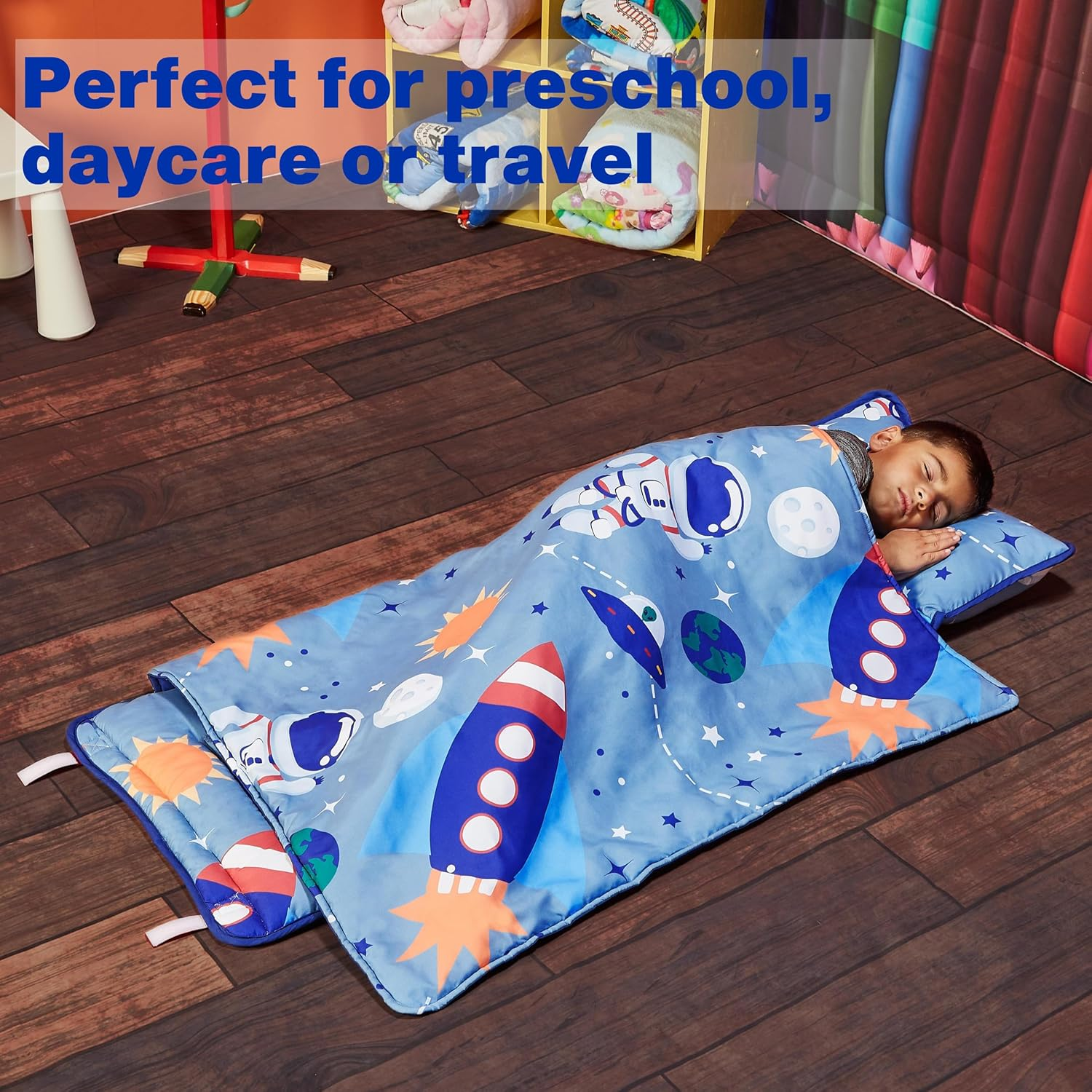 EVERYDAY KIDS Toddler Nap Mat with Removable Pillow - Rollup and Close with Velcro Straps, Carry Handle, Soft Microfiber for Preschool, Daycare, Kindergarten Sleeping Bag - Construction image number 4