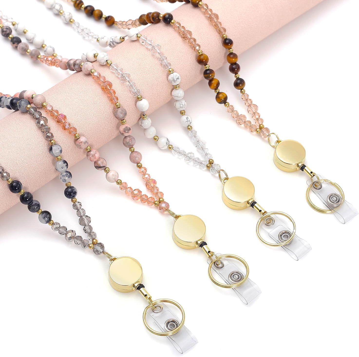 MORSUNBELA ID Card Holder Lanyard Work Card Lanyard Retractable Beaded for Women Badge Holders Keys Necklace Cute Long Lanyard Coffee Color image number 6