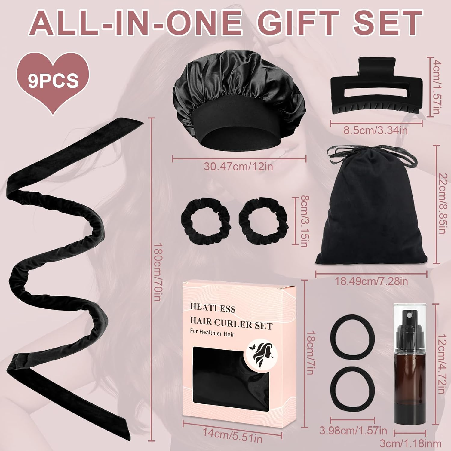 PQETBV Curlers Curls without Heat, Velvet Heatless Overnight Curls Curlers Overnight, 9 Pieces DIY Hair Curler Rollers Curling Tape for Medium Long Hair (Black)