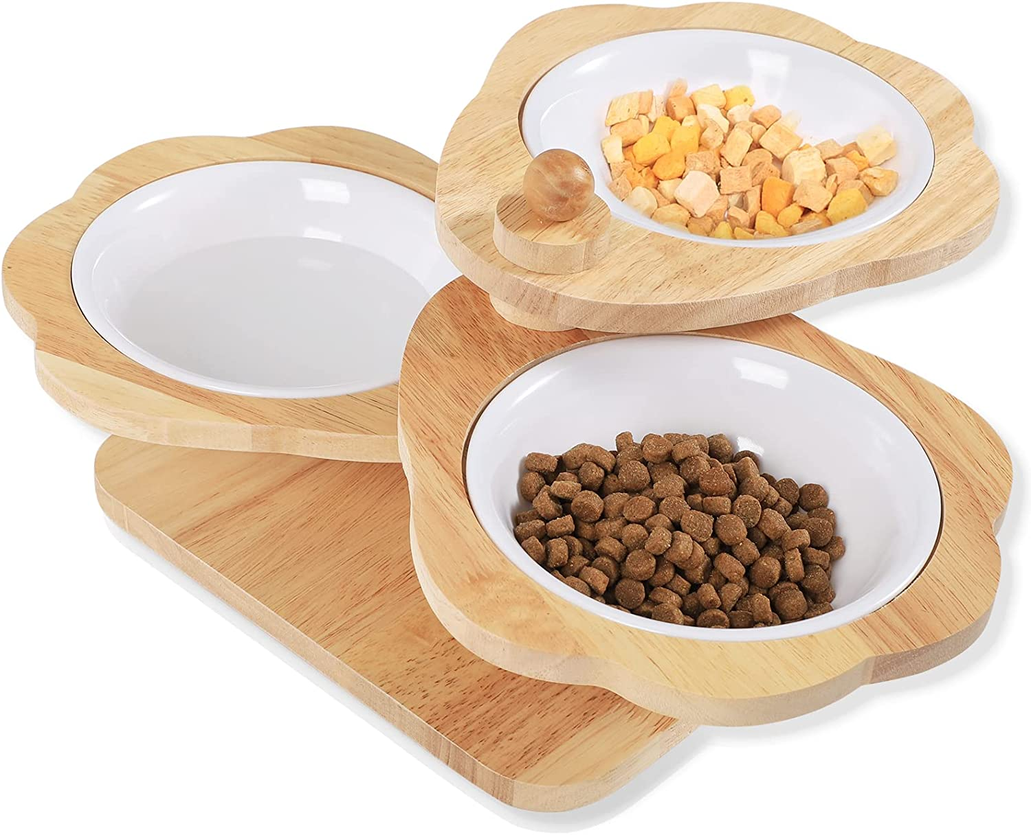 SCHITEC Raised Cat Bowls with Wooden Stand, Elevated Cat Bowls for Kittens Puppy Small Dogs, Adjustable Elevated Cat Feeder for Food and Water- 2 Bowls