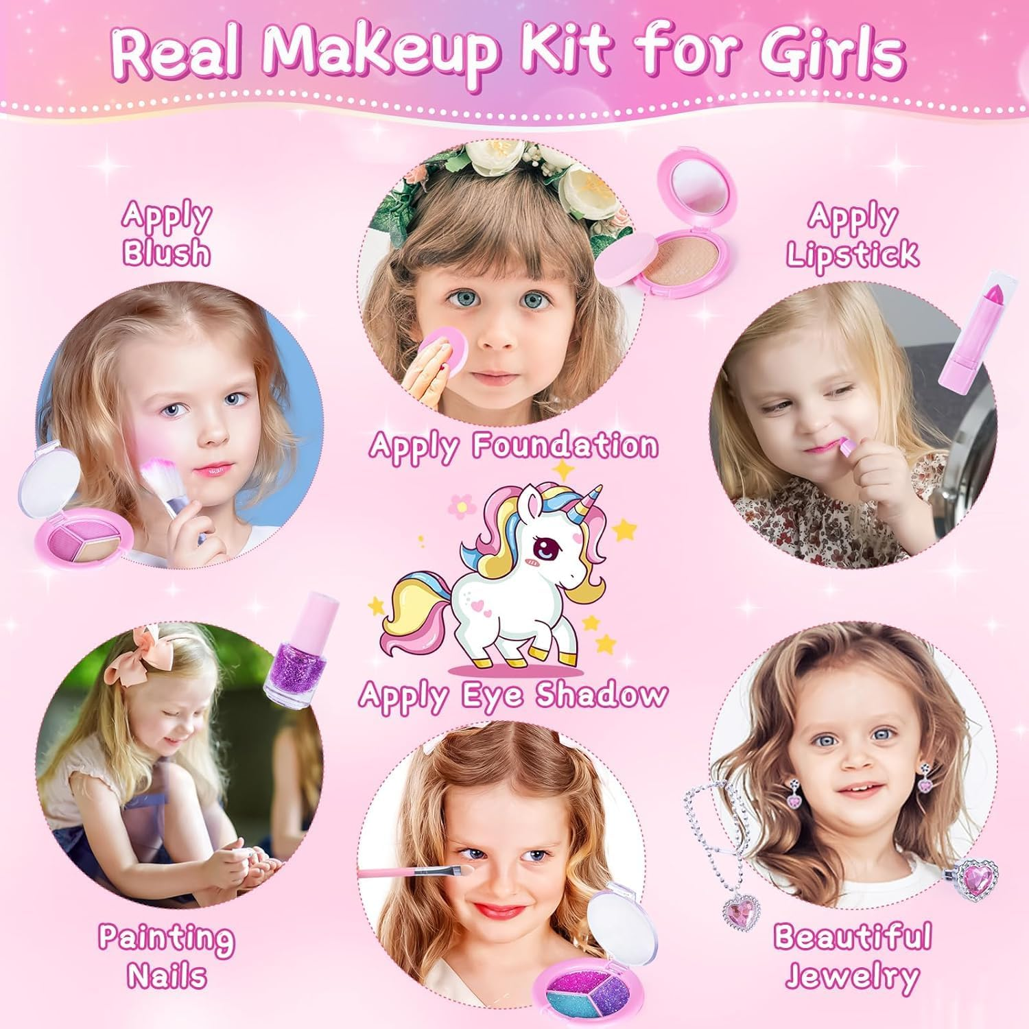 Kids Real Makeup Kit for Little Girls with Unicorn Purse - Non Toxic, Washable Make up Toy - Kids Pretend Play Set Vanity Birthday Gift for Ages 3 4 5 6 7 8 9 10 12 Years Old (Pink Soft Unicorn Bag) image number 5