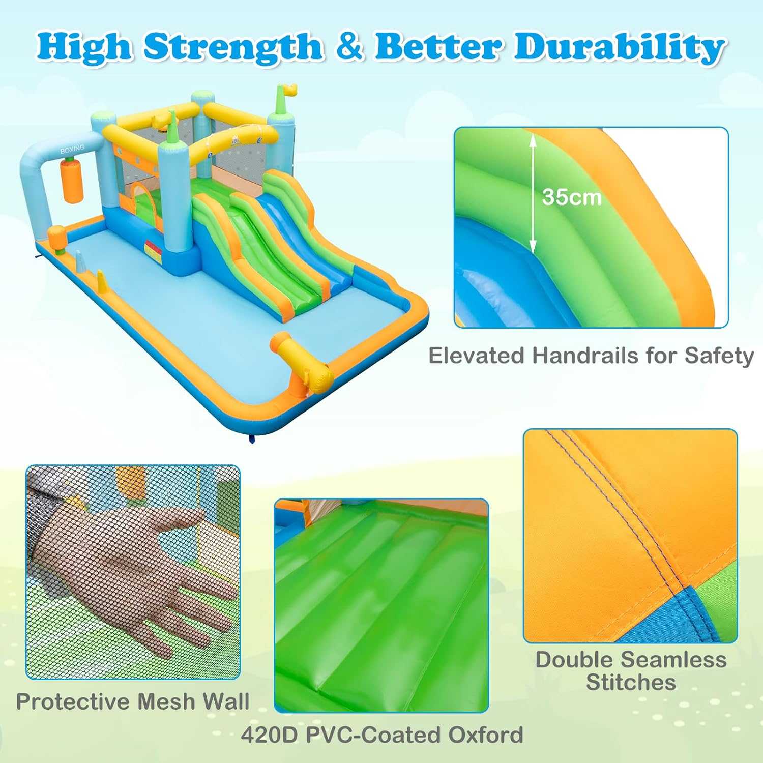 HONEY JOY Inflatable Water Slide, Kids Jumping Castle W/Dual Slides, Boxing Sandbag, Splash Pool, Water Cannon, Basketball Rim, Outdoor Blowup Water Park Bounce House for Children (With 680W Blower) image number 6