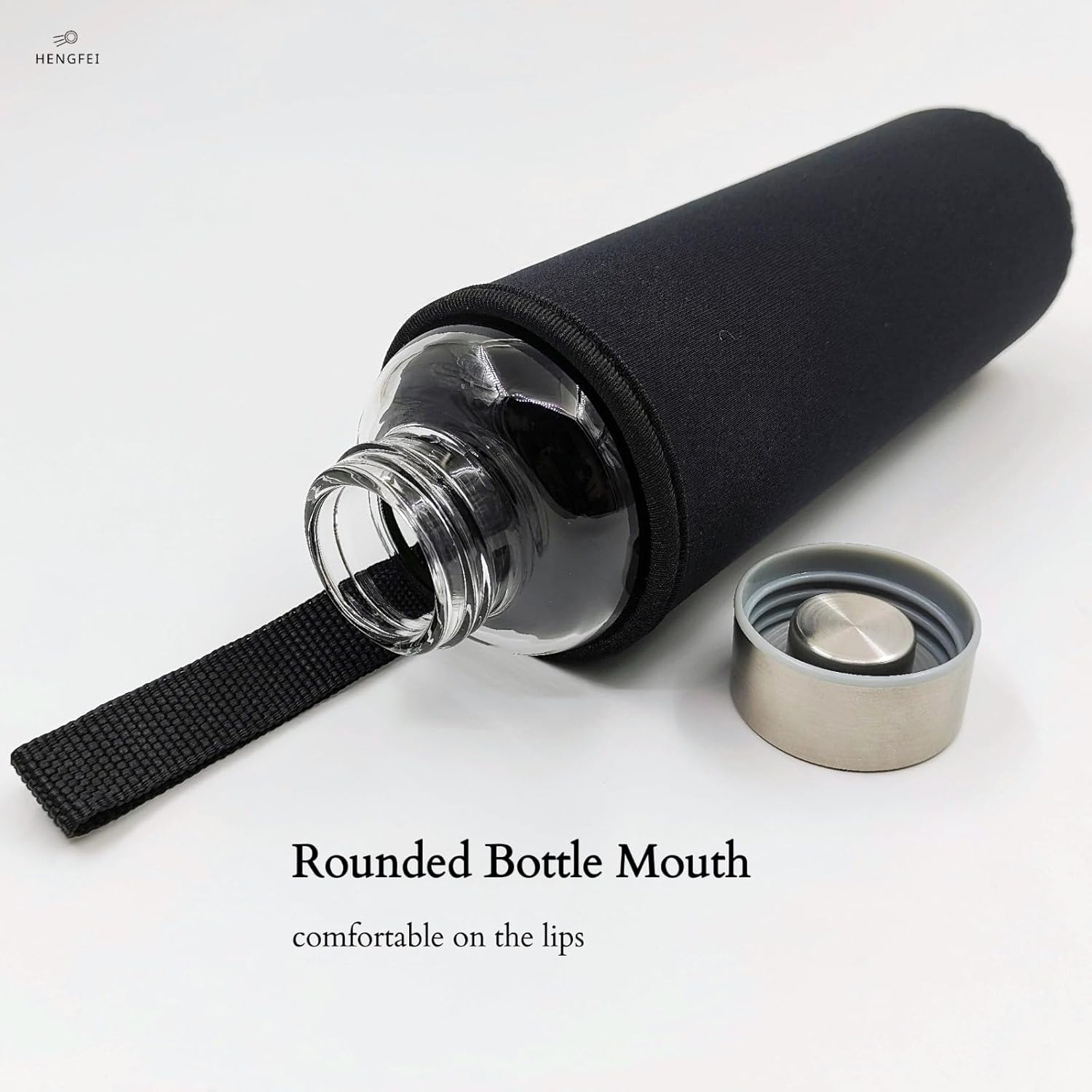 HENGFEI 550Ml Borosilicate Clear Glass Water Bottle with Stainless Steel Lid, Narrow Mouth (Black Sleeve) image number 1
