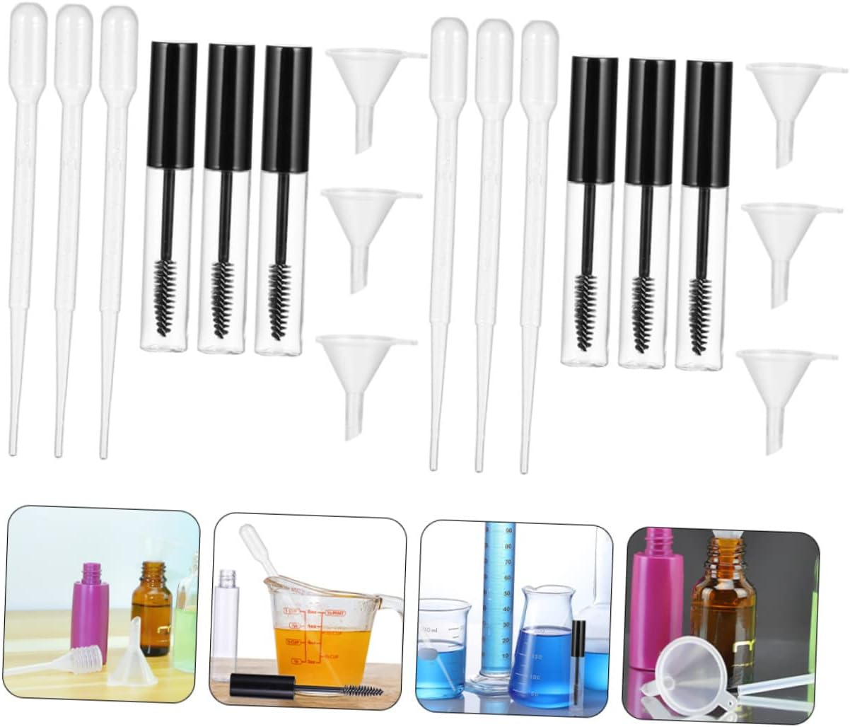 MERRYHAPY 2 Sets 10Ml Refillable Glass Bottles Mascara Tubes and Funnels for Travel Outdoor Essential Oils and Perfumes Sample Containers image number 4