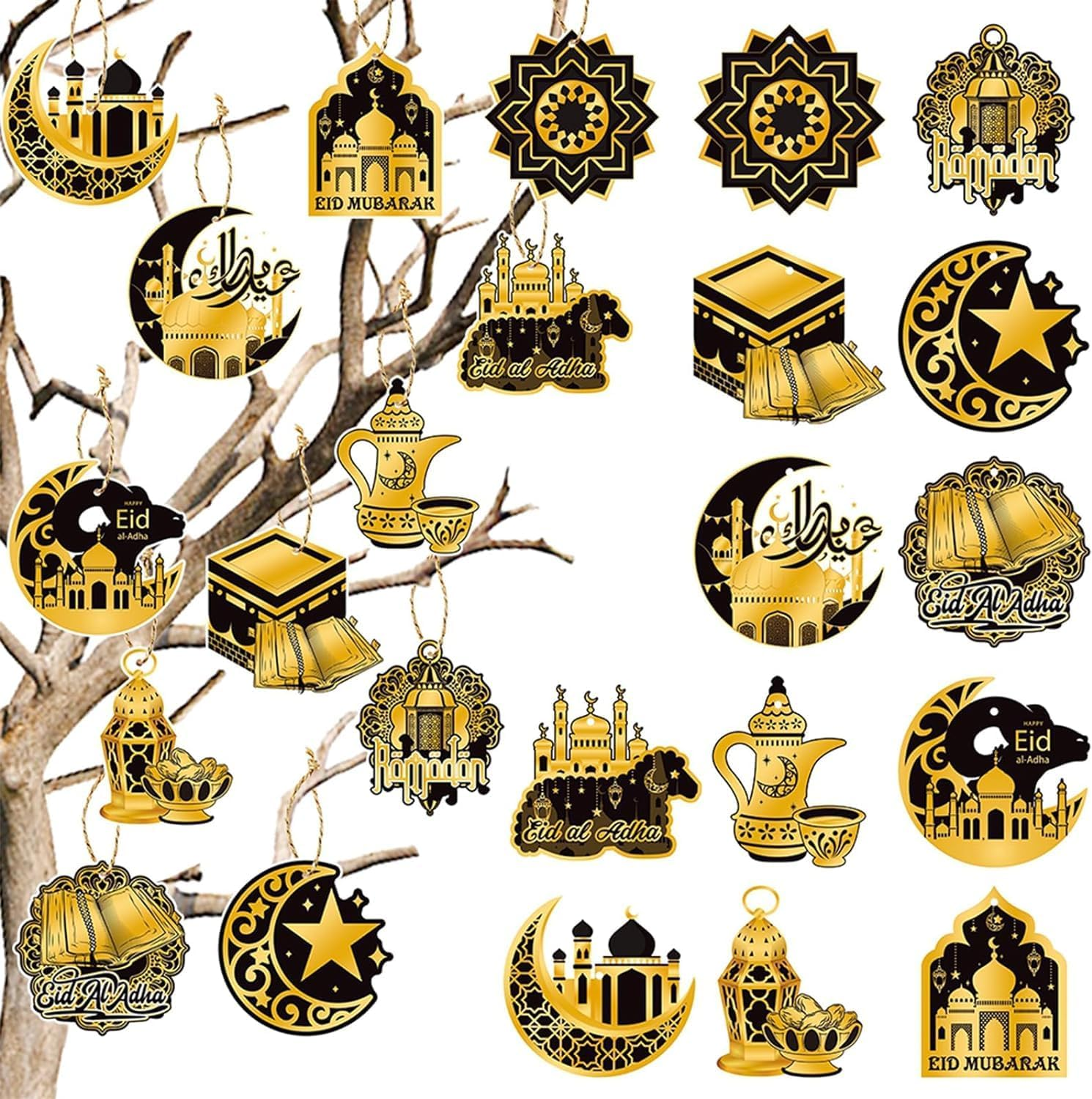 Ramadan Mubarak Garland - Eid Decorations, Hanging Ornaments with Shining Black Gold Star Moon Lantern for Home Decor, Kareem, Al-Fitr Party Supplies image number 2