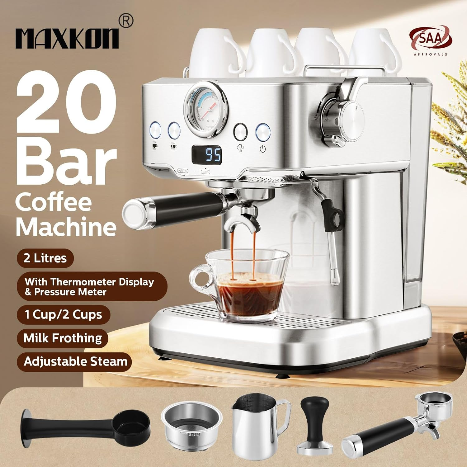 Maxkon Espresso Machine, 20 Bar Professional Espresso Maker, Milk Frother Steam Wand for Latte, Compact Stainless Steel Machine with 2L Removable Water Tank image number 5