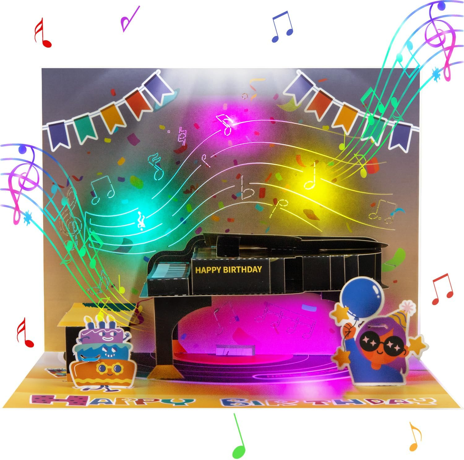 Musical 3D Birthday Cake Pop-Up Card with LED Lights and Music &ndash; Happy Birthday Card with Fireworks and Balloons &ndash; for Kids, Adults, Friends, and Family &ndash; Birthday Gift with Envelope and Notecard