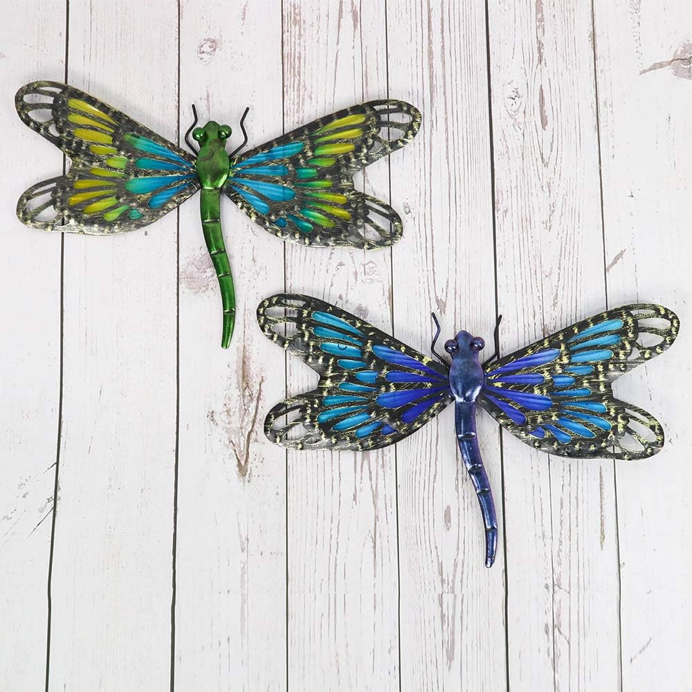 HONGLAND 2Pcs Metal Dragonfly Wall Decor Outdoor Dragonfly Wall Art Glass Sculpture for Home Garden,Gradient Blue&Green image number 4