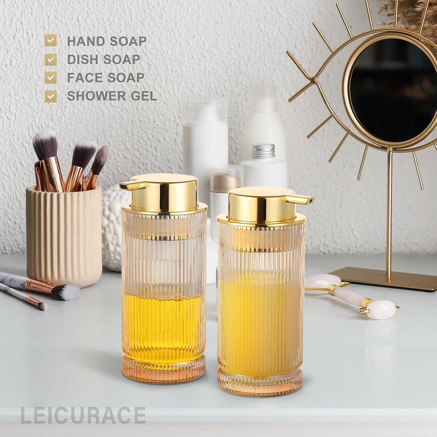 LEICURACE Glass Liquid Soap Dispenser, Refillable Liquid Dispenser with Gold Pump, Hand Soap Dispenser for Bathroom Kitchen, Modern Home Bathroom Decor （Liquid Type/Gold） A031-004-AU - Liquid Type/Clear image number 7