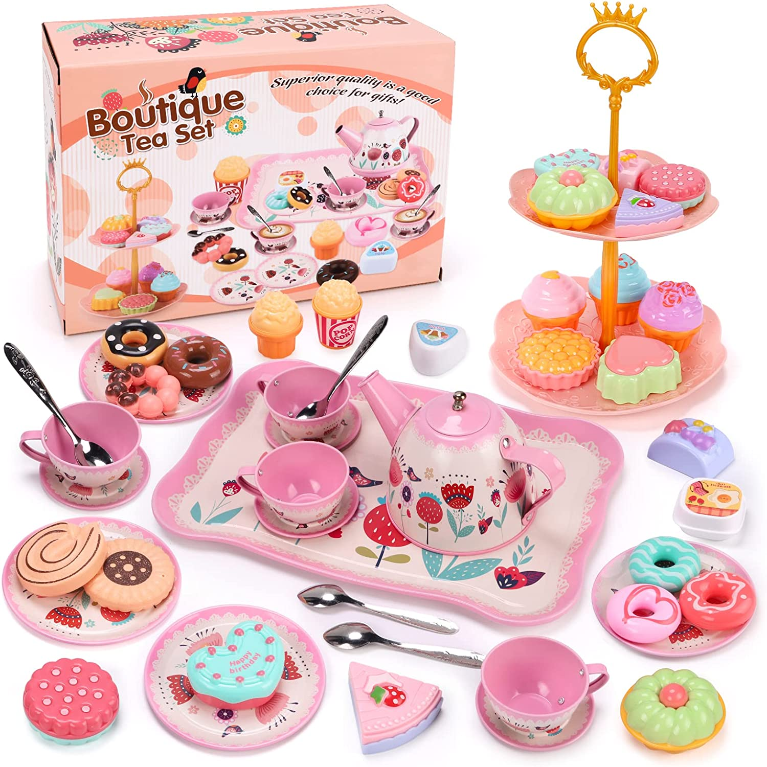 REMOKING 45 PCS Kids Tea Party Set for Little Girls,Tea Set Including Pretend Tin Teapot,Dessert,Cookies,Doughnut,Ice Cream, Kids Kitchen Pretend Play Playset,3 4 5 6 7 Year Old Boys Girls Gifts Toy image number 3