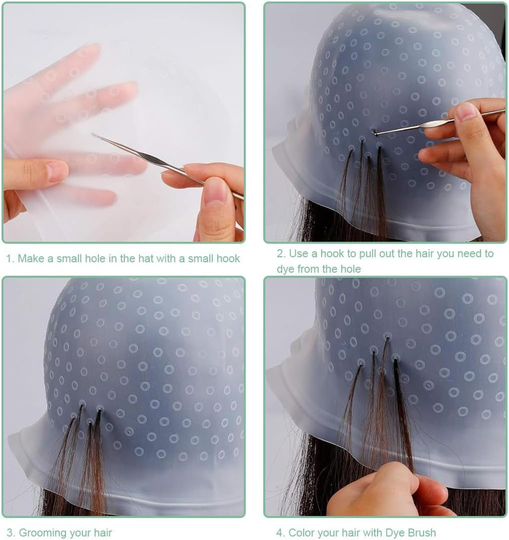 Yeenano Highlight Hair Cap,Silicone Highlighting Cap with Hook Needles Reusable Bleach Caps Hair Dye Comb Dyeing Highlight Caps Hook Hairdressing Salon for Long Hair Short Hair image number 5