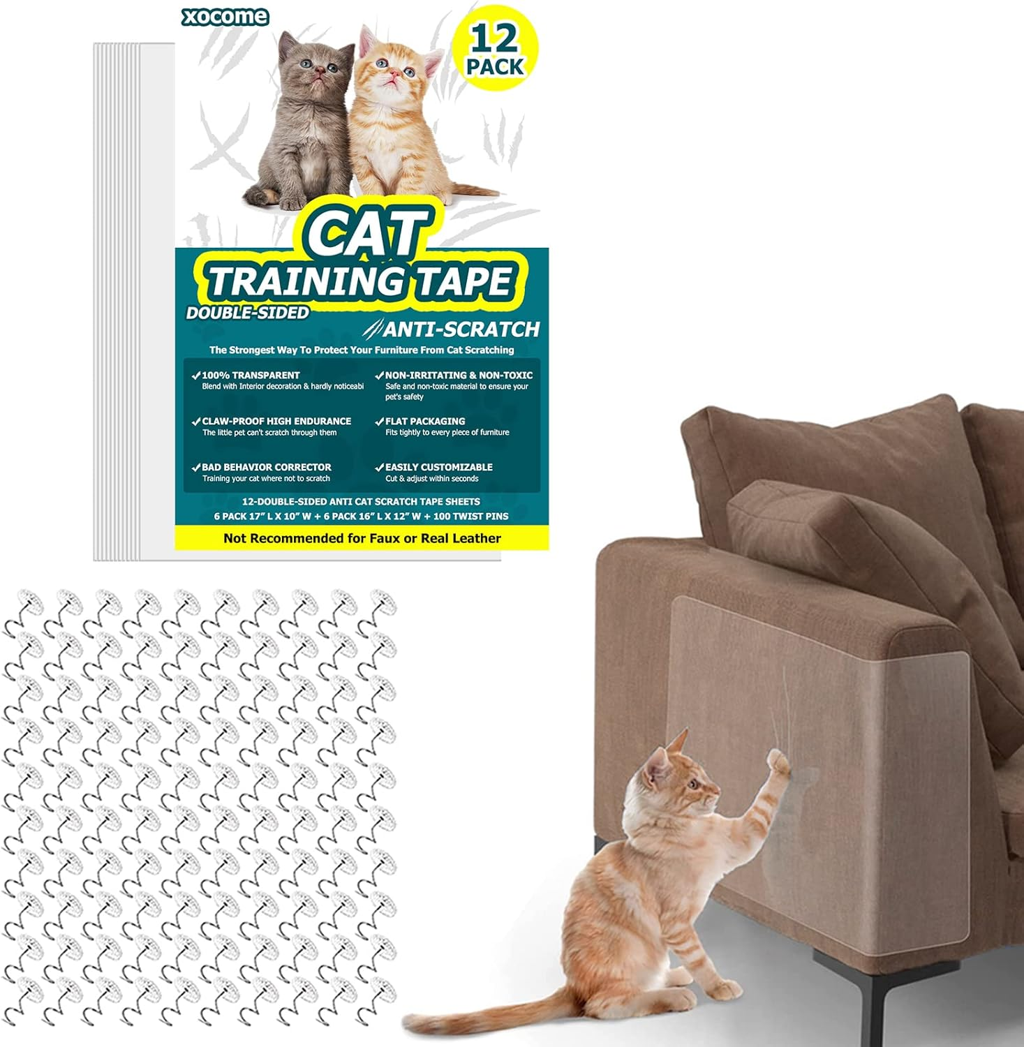 Cat Scratch Protection Training Tape, Pack of 12 Double-Sided Anti-Cat Scratch Tape for Sofa, 6 Pieces 17 Inches L X 10 Inches B Bands + 6 Pieces 16 Inches L X 12 Inches B Bands + 100 Adjusting Screws image number 1