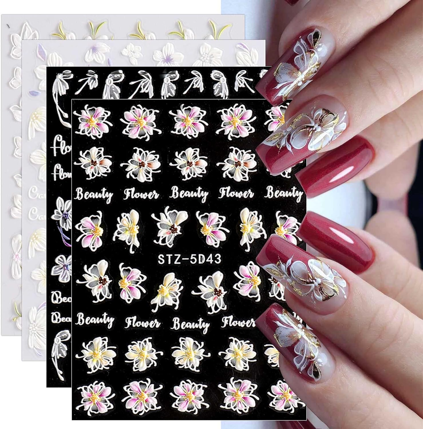 3D Embossed Flowers Nail Art Stickers Decals 4 Sheets 5D Self-Adhesive Pegatinas U&ntilde;as Pink Cherry Blossoms Nail Supplies Nail Art Design Decoration Accessories