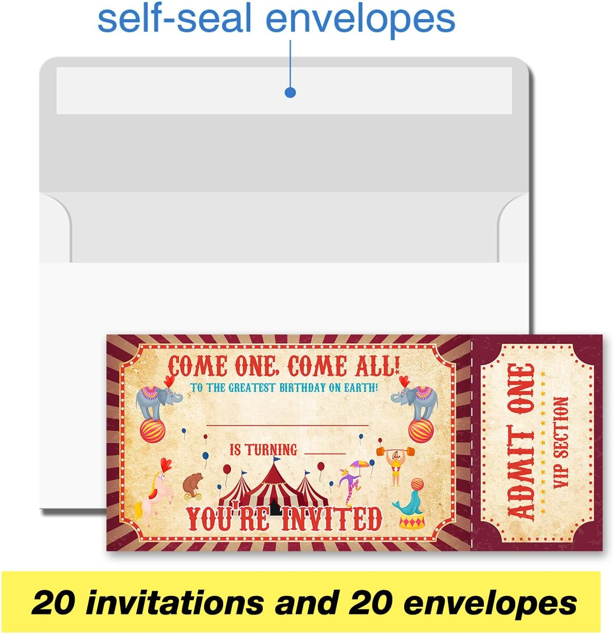 VAHATAN Carnival Birthday Party Invitations 20 Pack Come One Come All Circus Carnival Ticket Invitations with Envelopes Invites Cards for Birthday Party - 11 image number 5