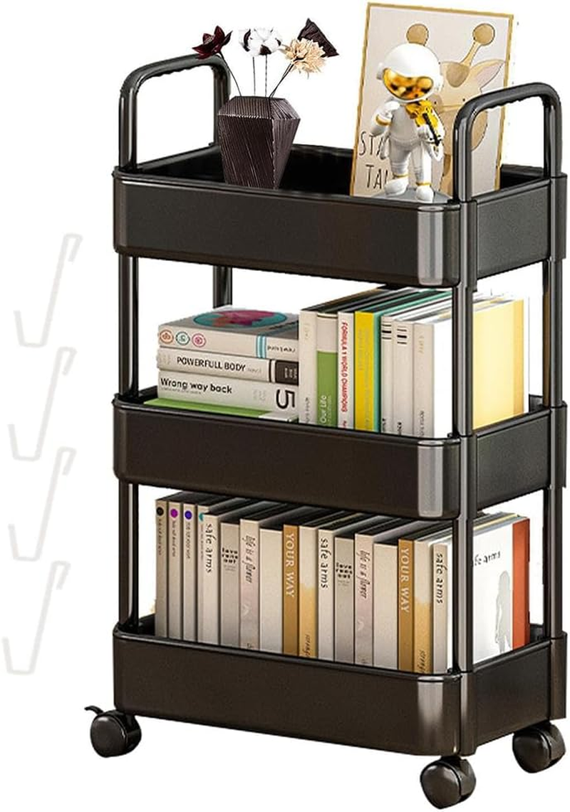 Storage Rolling Cart, 3-Tier Snack Organiser Trolley, Rolling Shelf with Wheels & Hooks,Movable Storage Organizer for Home Kitchen Organization (Black image number 6