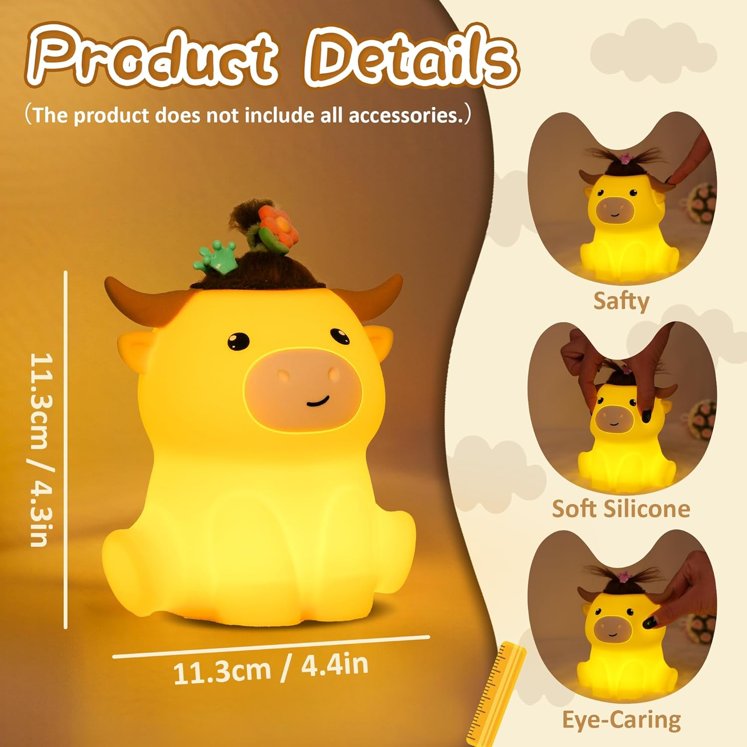 Yuandian Highland Cow Night Light, Squishy Silicone Lamp. Rechargeable, Dimmable with Timer, Touch Control for Bedside, Gift Nightlight for Breastfeeding Toddler Baby Kids (No Accessories Included) - Highland Cattle image number 4