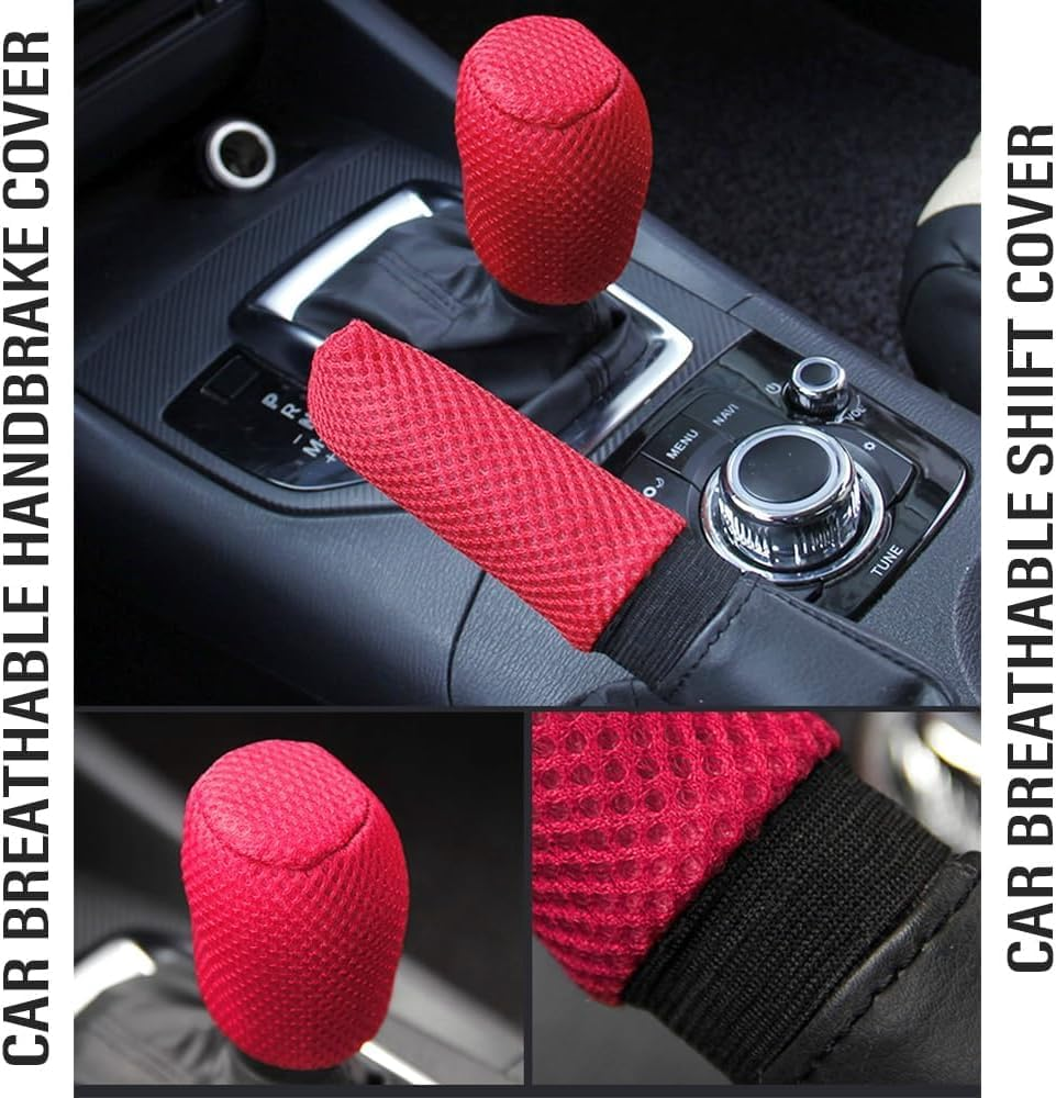 Car Gear Shift Cover + Handbrake Cover,Non-Slip & Breathable Shift Knob Cover Emergency Brake Cover,Universal Car Accessories (Red, One Size) image number 1
