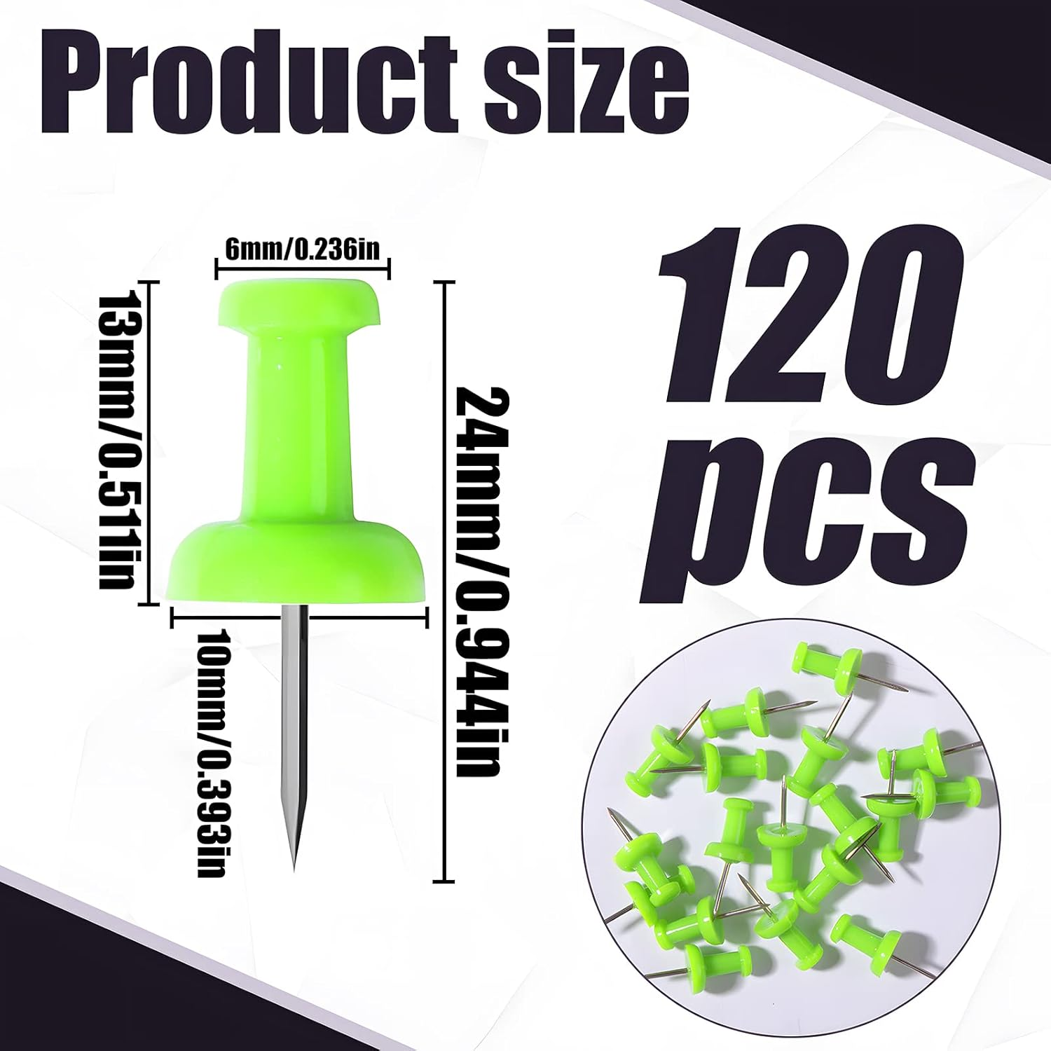 VAPKER Push Pins Tacks 120Pcs Solid Green Thumb Tacks Larger Size Pin Map Tacks Plastic Head with Steel Point for Bulletin Board image number 2