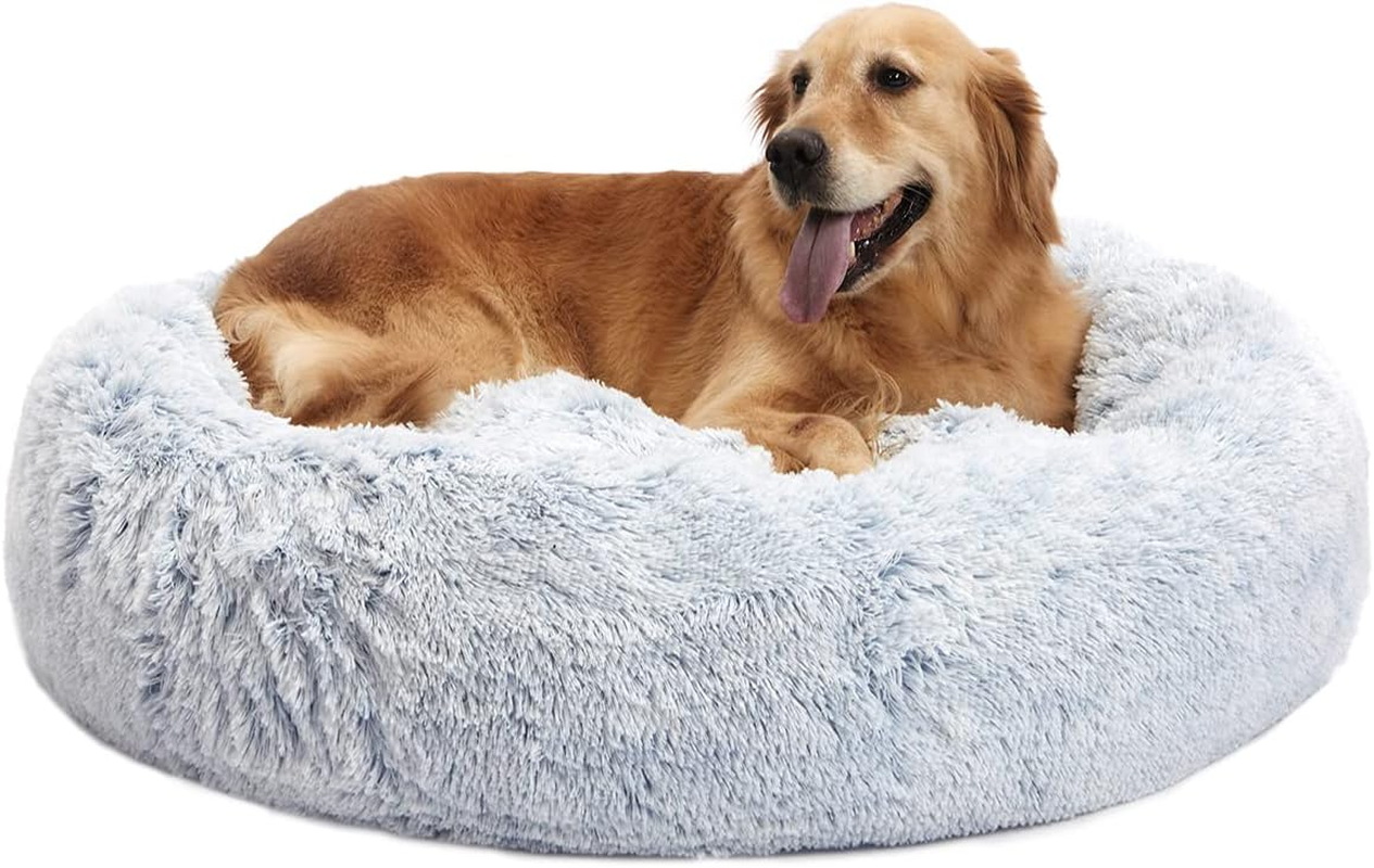 Bedfolks Calming Donut Dog Bed, 91CM round Fluffy Dog Beds for Large Dogs, Anti-Anxiety Plush Dog Bed, Washable Pet Bed with Non-Slip Bottom (Light Blue, Large) image number 2