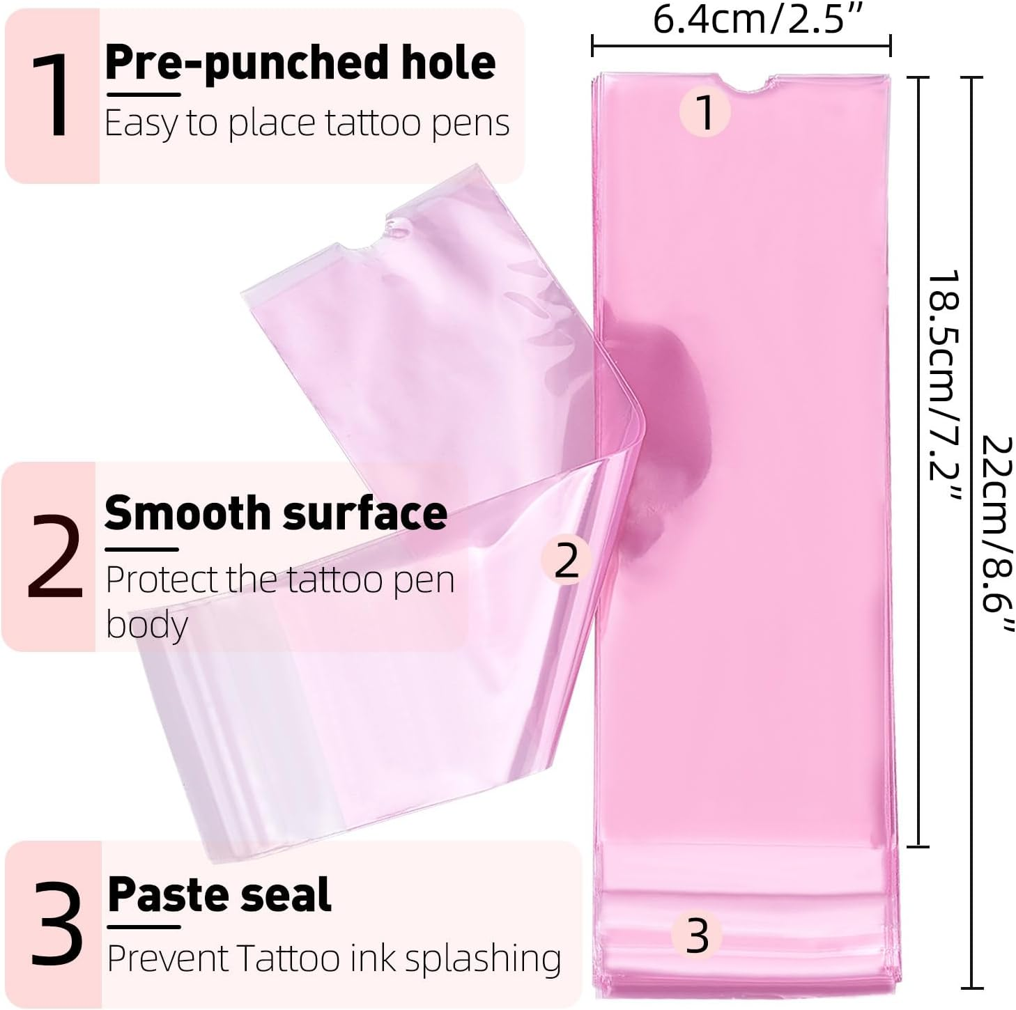 ATOMUS Tattoo Machine Covers with Self-Adhesive Strip 100Pcs 2.5&times;8.6 Inch Sealable Tattoo Pen Covers Bags Sleeves for Cartridge Pen Tattoo Machine Tattoo Supplies & Accessories (Pink) - Pink image number 6