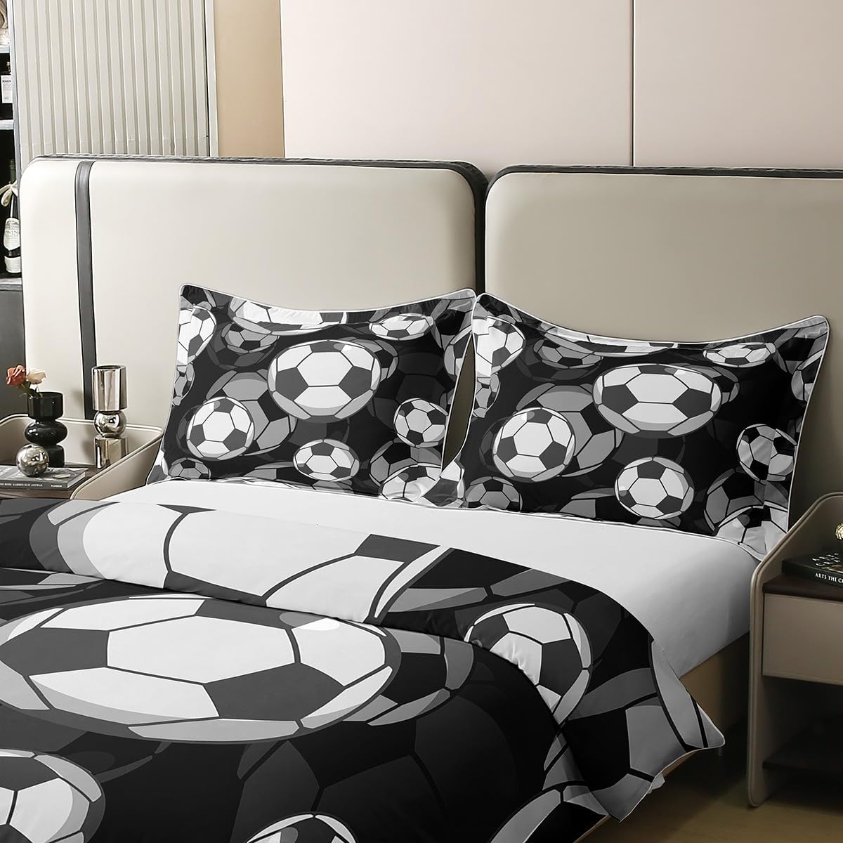 Homewish Kids Soccer 100% Cotton Duvet Cover Single American Football Comforter Cover European Sport Game Bedding Set Player Field Quilt Cover,Cartoon Decor 2Pcs with 1 Pillowcase,Black White image number 1