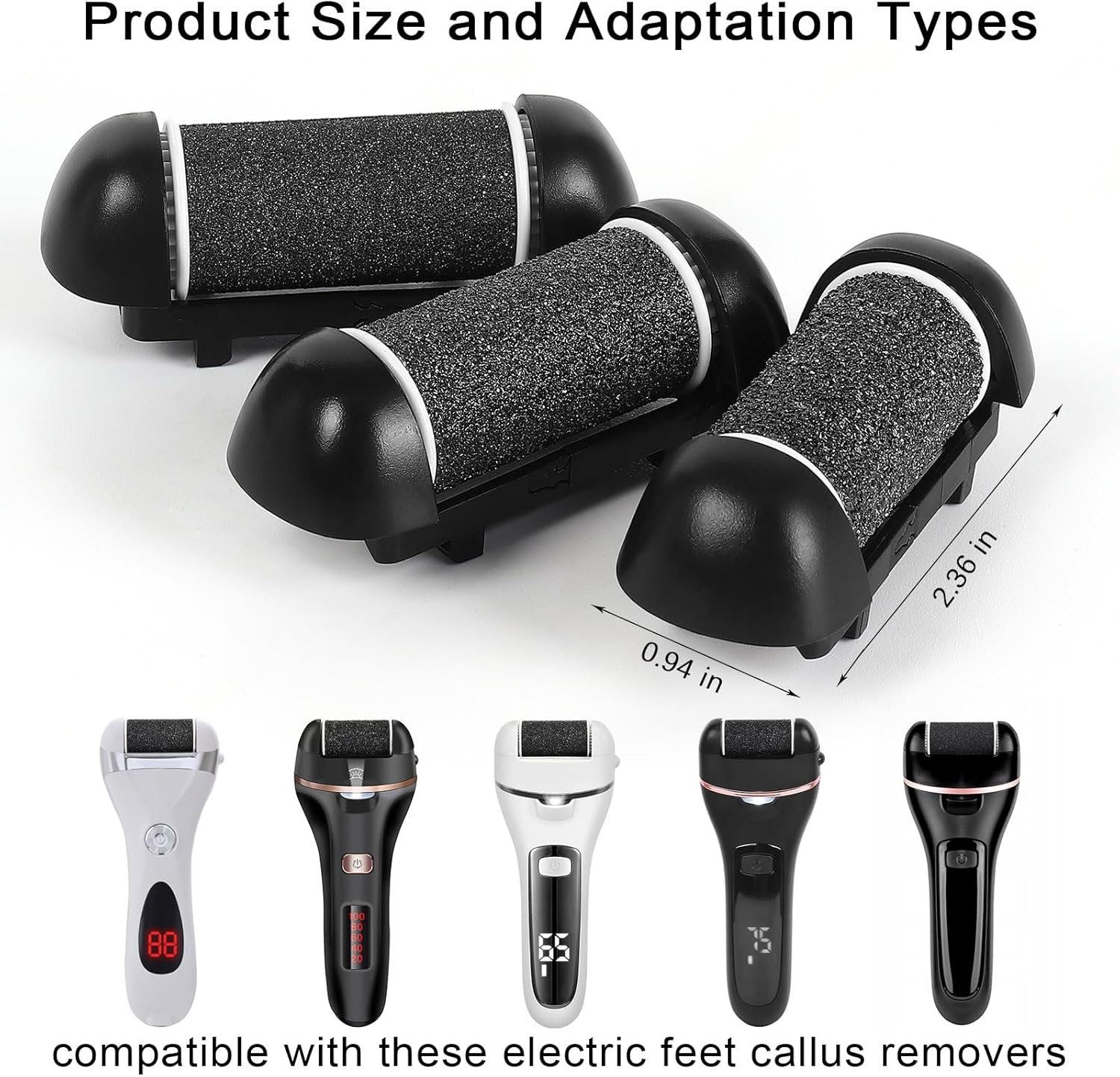 6Pcs Replacement Roller Refill Heads for Electric Callus Remover,Feet Pedicure Kit Refill Rollers, 2 Extra Coarse, 2 Regular Coarse, 2 Fine Coarse Refill Rollers (Black) - Black Gray-B image number 7