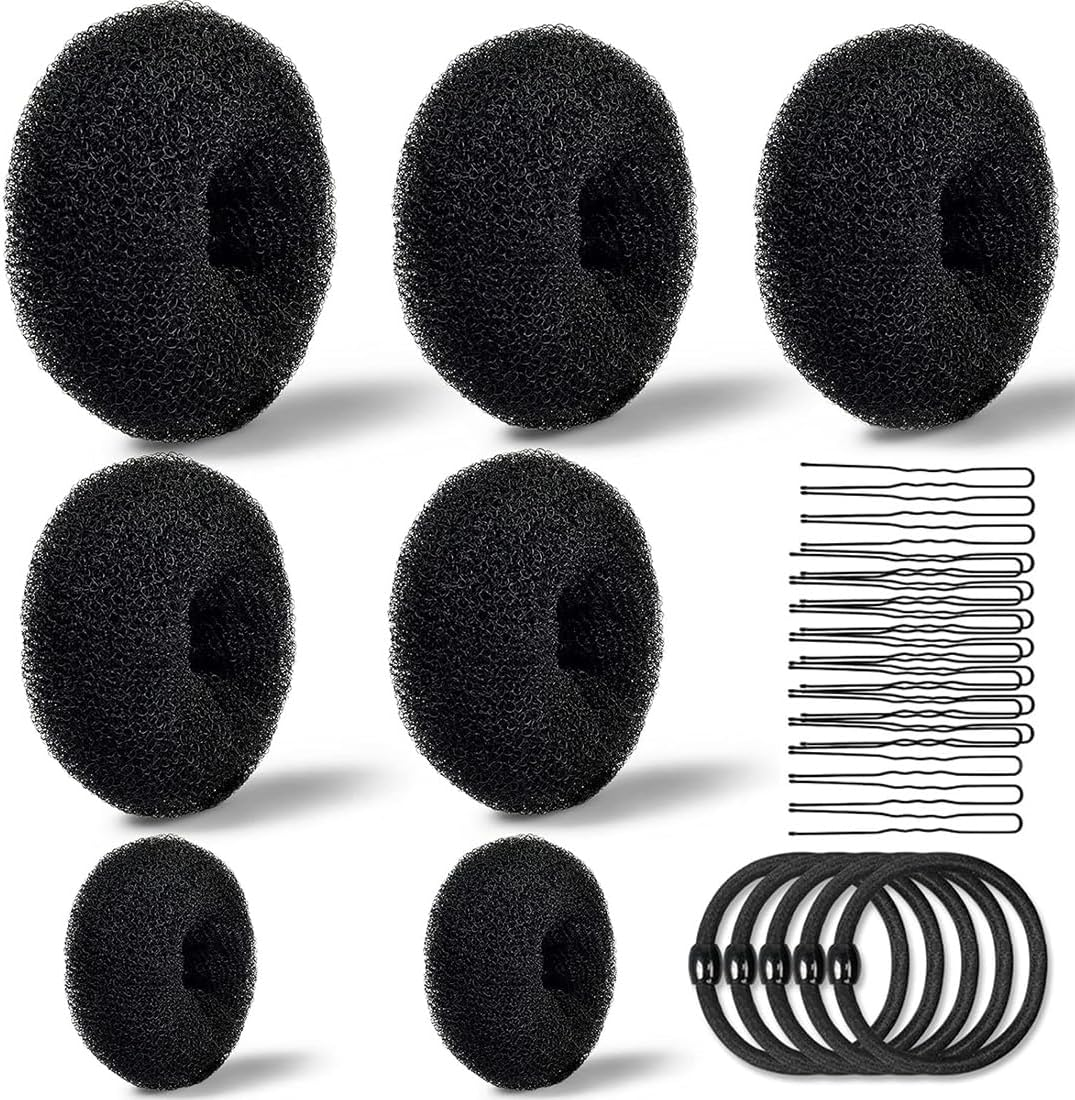 KIRZAX 7 Piece Doughnut Hair Bun Maker Set with 5 Elastic Hair Bands, 20 U-Shaped Hair Clip, Hairpin, Bun Aid Updo Accessories, Bun Maker for Children, Girls, Women (Black) image number 2