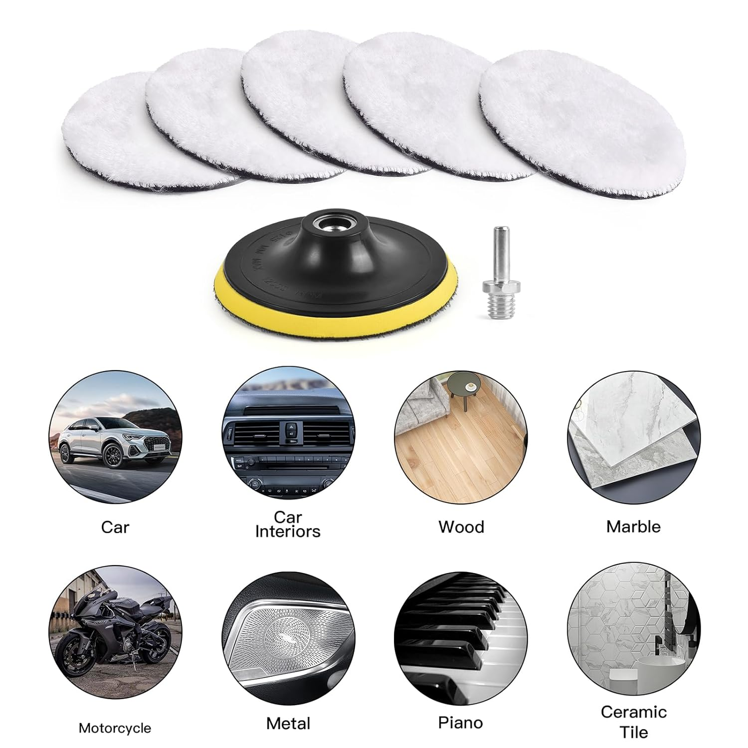 Kshineni 7 Pcs 5 Inch (125Mm) Wool Polishing Buffing Pad Car Polisher Buffer Drill Attachment with M14 Drill Adapter
