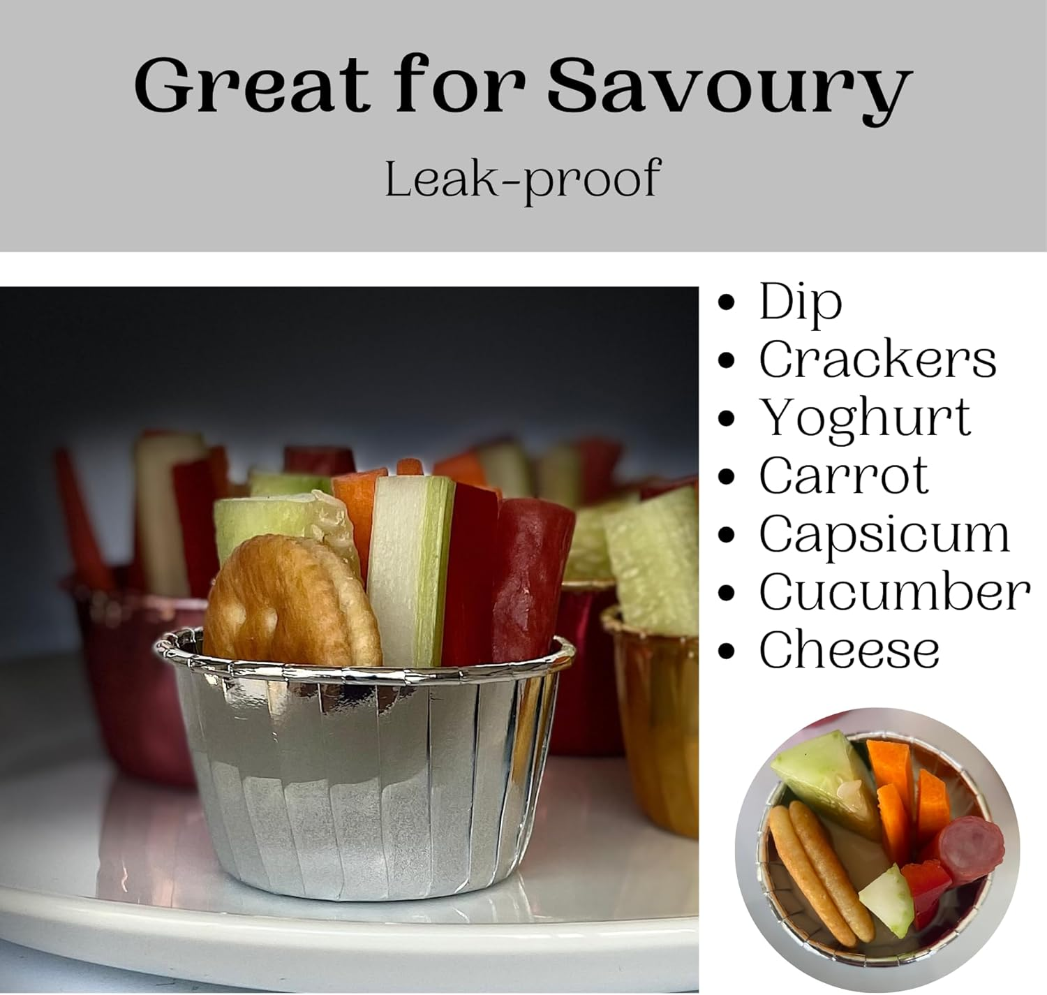 Silver Cupcake Baking Cup Cases, 100 Pieces Muffin Lined Wrapper Papers for Desserts, Little Cakes, Snacks & Muffins, Leakproof Ramekin Foil Patty Pans (Silver) image number 4