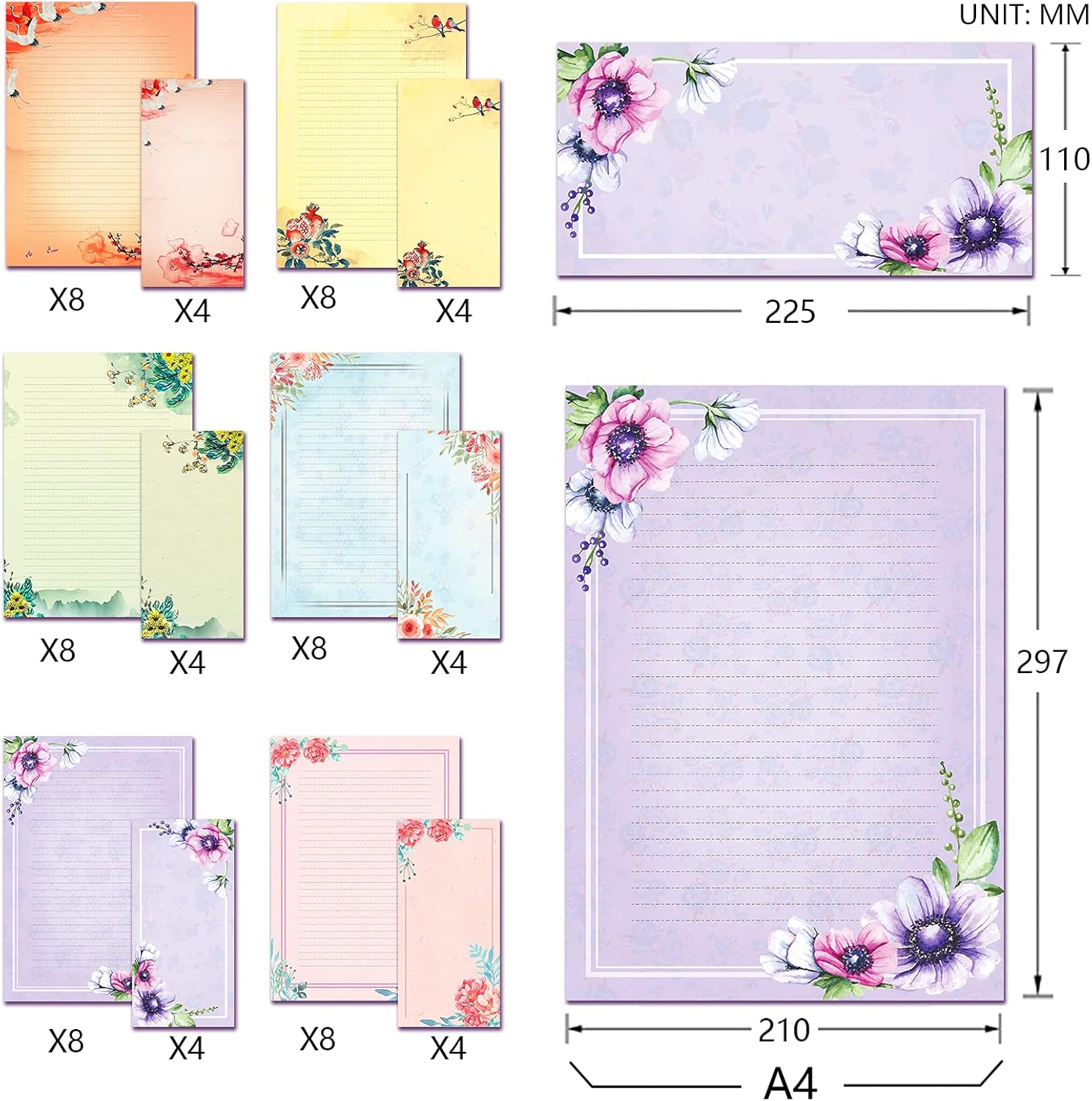 A4 Vintage Floral Stationery Paper (Lined) 48 Pieces and Self-Sealing Envelopes 24 PC Set, 100GSM Heavy Weight College Ruled Letter Writing Stationary, Printer Friendly, Color Both Sides, Watercolor image number 3