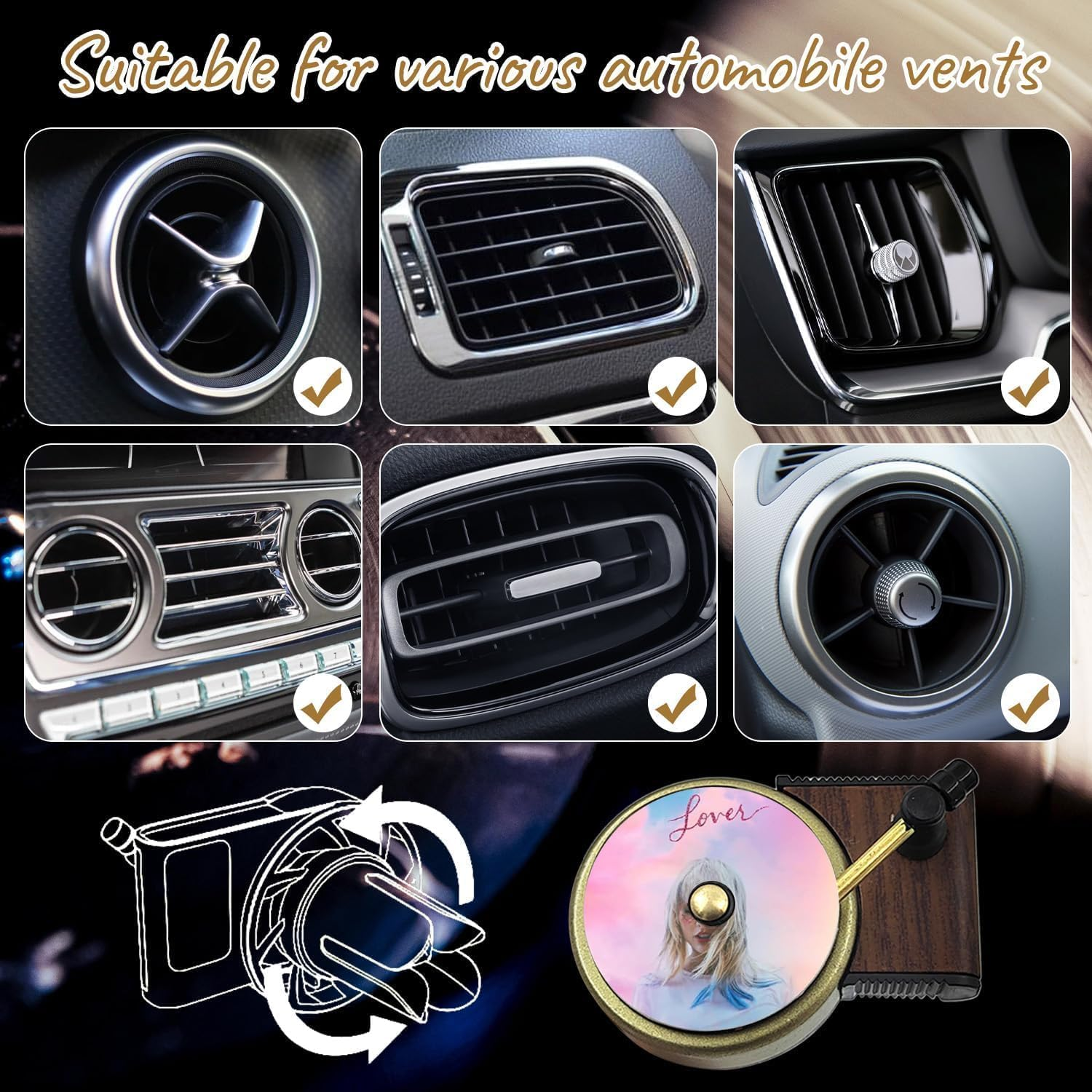 2 Pcs Taylor Car Air Fresheners Vent Clips with 12 Pcs Album Cover Air Fresheners, Retro Style Record Player Air Freshener Car Accessories Decoration, Music Lovers Gift image number 2