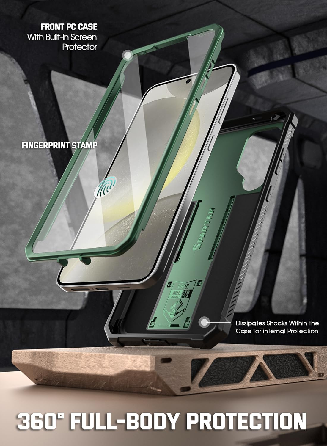 Poetic Spartan Case for Galaxy S24 6.2", [Slide Camera Cover] [Screen Protector Works with Fingerprint ID] Military Grade Rugged Shockproof S24 Phone Case with Kickstand, Metallic Green - Metallic Gun Metal image number 5