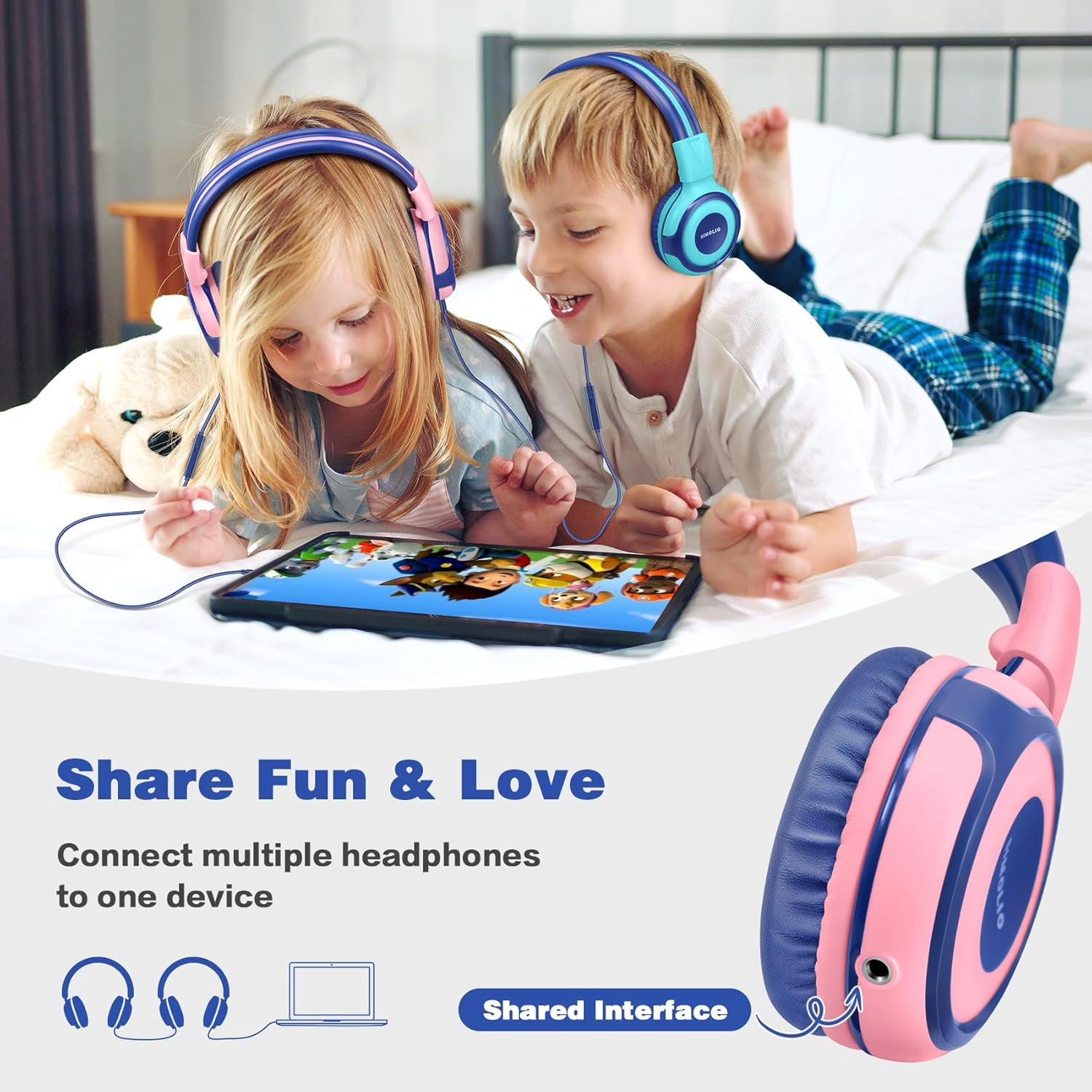 SIMOLIO Headphones Kids Headphones for Girls with Share Connector for Music Sharing, Kids Headphones with Volume Limiter for Hearing Protection - Pink image number 6