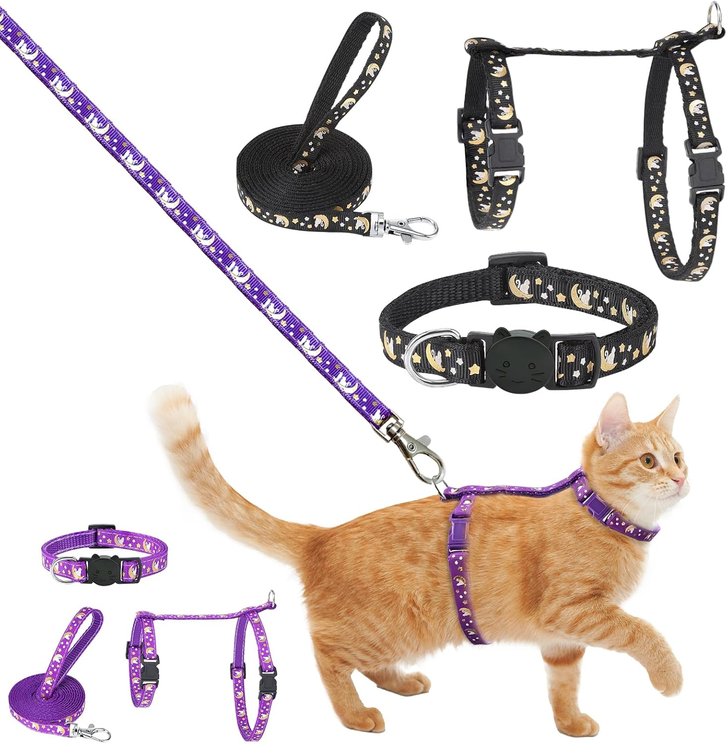 Set of 2 Cat Harness with Lead, Collar Set, Adjustable Nylon Harnesses, Cat Lead with Adjustable Reflective Strips for Small Cats, Puppies, Outdoor, Garden, Walking, Training, Playing image number 2
