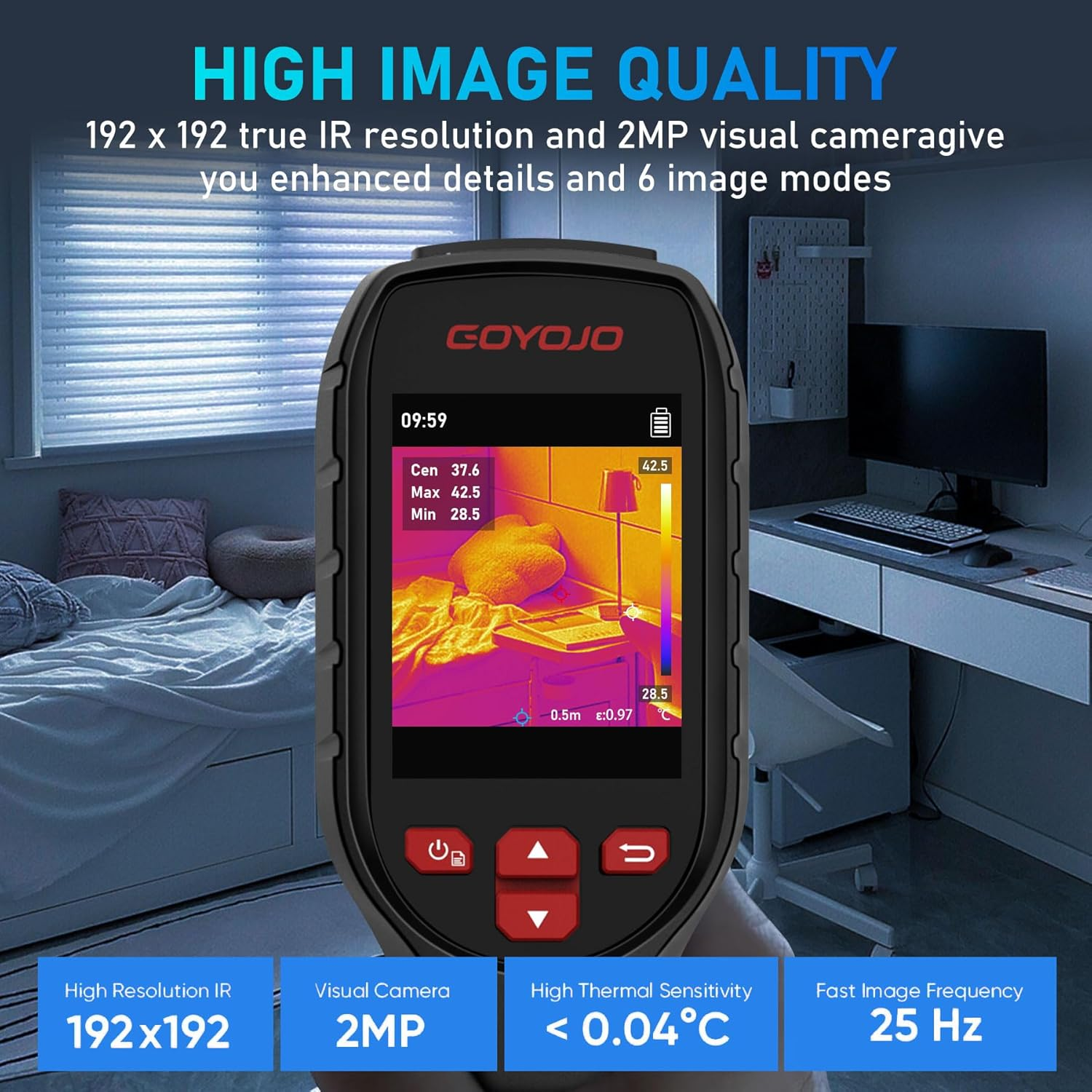 GOYOJO GW192 Superir 192X192 Thermal Imaging Camera - 25Hz, Handheld, 8-Hour Battery, IP54 Rated - Superior to 160X120 - Ideal for Home Inspection, HVAC, Electrical, Water Leak Detection image number 6