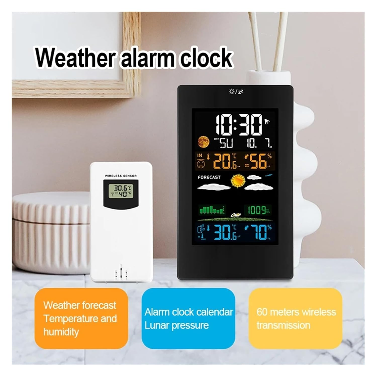Color Screen Weather Station Digital Wall Clock Temperature Humidity Wireless Sensor Table Desk Electronic Alarm image number 3