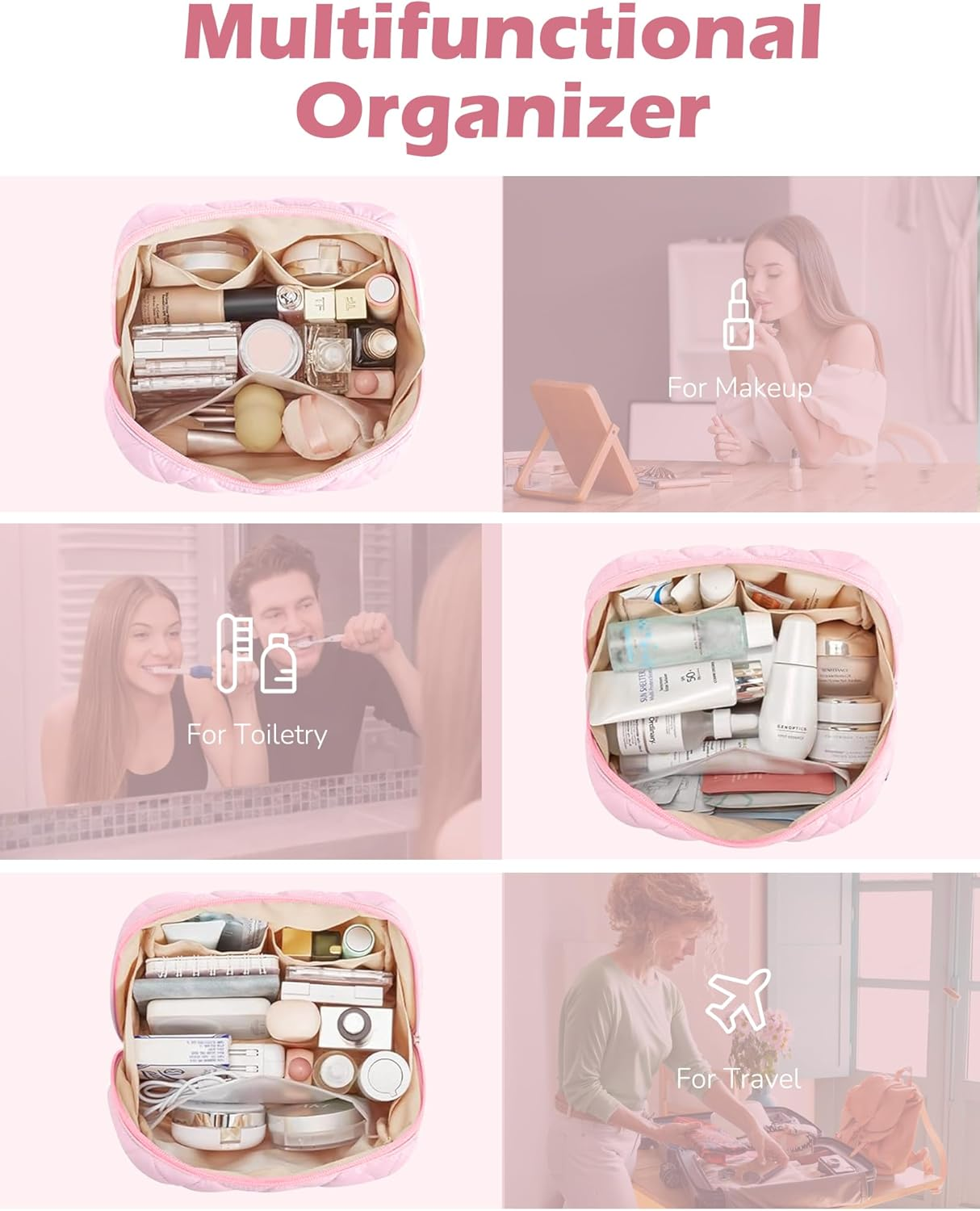 Makeup Bag, Travel Cosmetic Bag, Make up Organizer Case, Travel Toiletry Organizer, Wide-Open Pouch Purse, Cute Makeup Brushes Aesthetic Accessories Storage Bag for Women (Khaki) - Pink image number 3