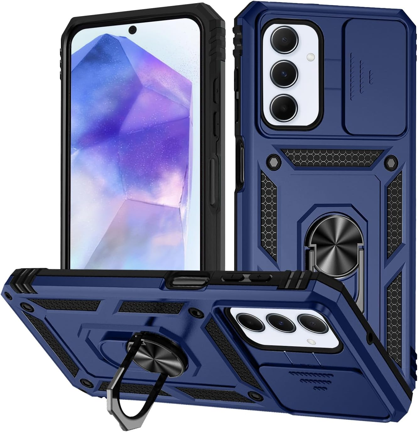 T Tersely Shockproof Case Cover for Samsung Galaxy A36/A56 5G (2025), Anti-Fall Drop Protection, Built-In Slide Anti-Scratch Camera Lens Cover, Integrated 360 Degree Rotating Ring Kickstand, Black