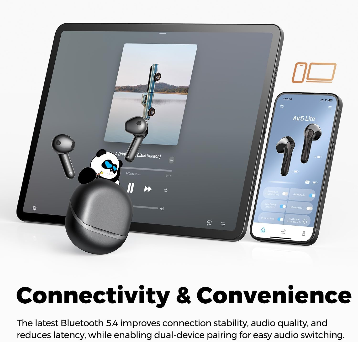 SOUNDPEATS Air5 Lite Wireless Earbuds with Hi-Res Audio, Bluetooth 5.4 Earphones, 13Mm Drivers, LDAC Codec, Noise Cancelling Headphones for Calls, Stereo Sound, 30 Hrs, APP Control (Black) image number 4