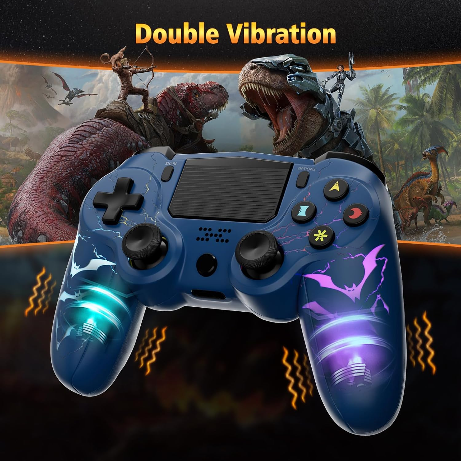 Wireless Controller for PS4, LED Controller for Playstation 4 with 5 Light Modes/Usb-C Charging Port/Touchpad/Dual Motors/6-Axis Gyro/3.5Mm Audio Jack, Bats-Shape Light Design Game Control for Ps4(Blue) - Colorful image number 4