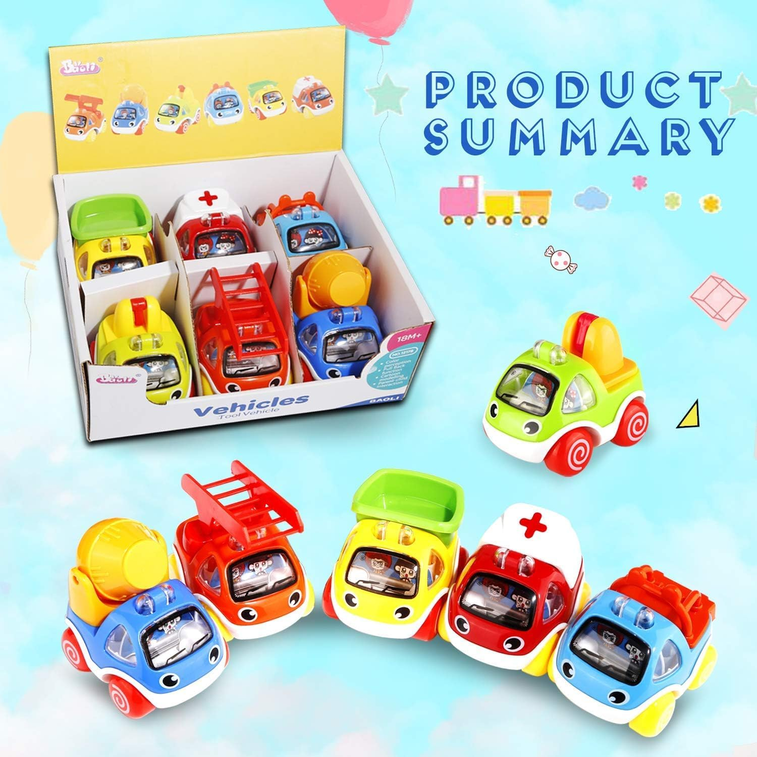Pull Back Cars, Toy Cars for Toddlers, Push and Go Vehicles Toys Friction Powered Car Toys Christmas Birthday Present for Kids, Boys and Girls (6 Pcs) image number 4